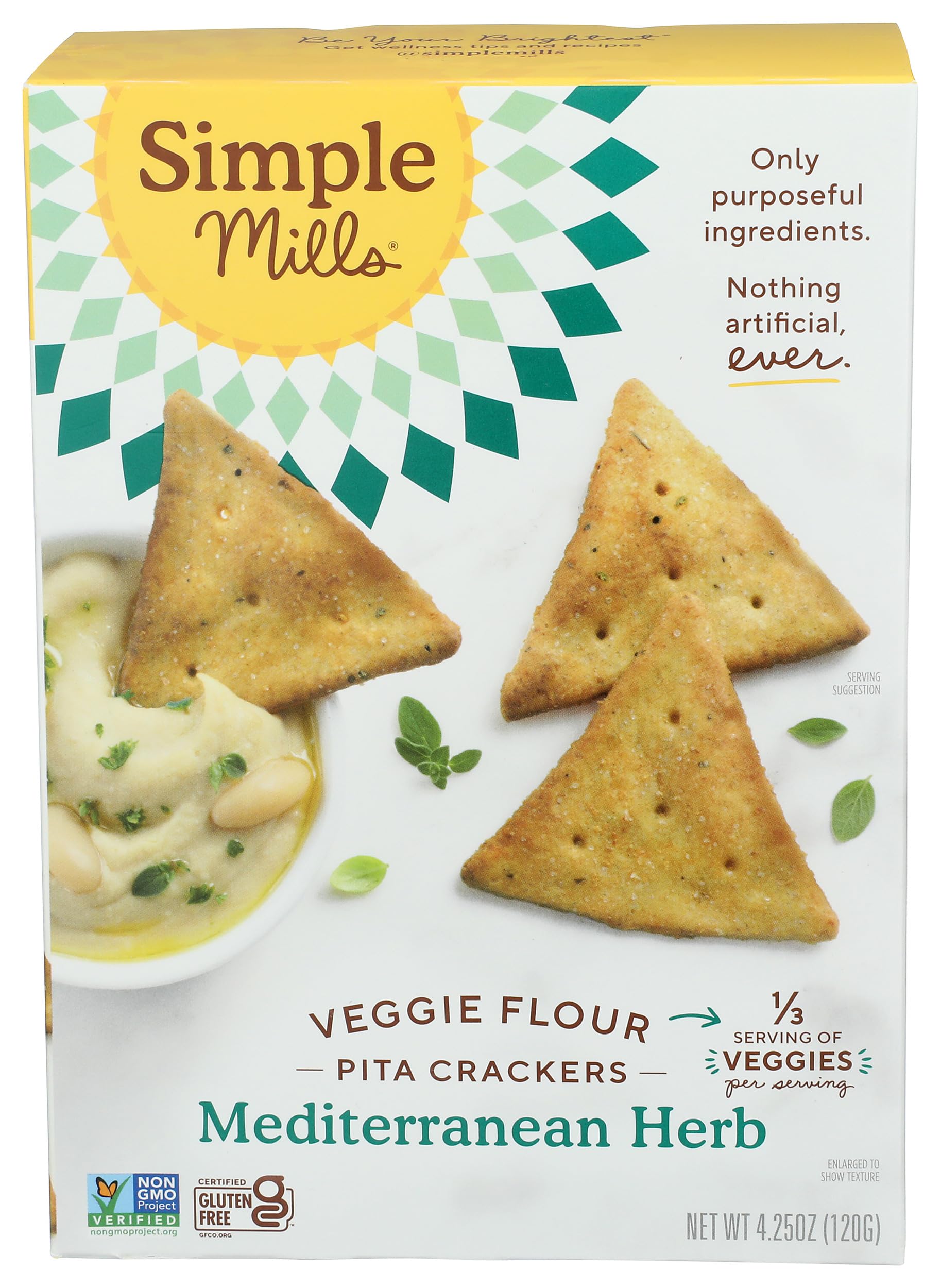 Simple Mills Cracker Pita Mdtrrn Herb hero image shows a veggie-forward gluten-free cracker.