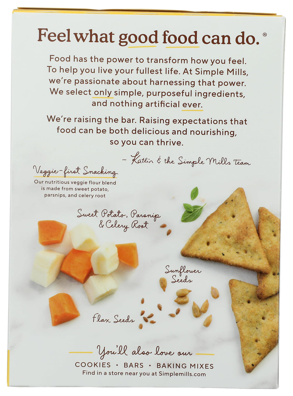 Close-up of veggie blend in Simple Mills crackers: sweet potato, parsnip, celery root.