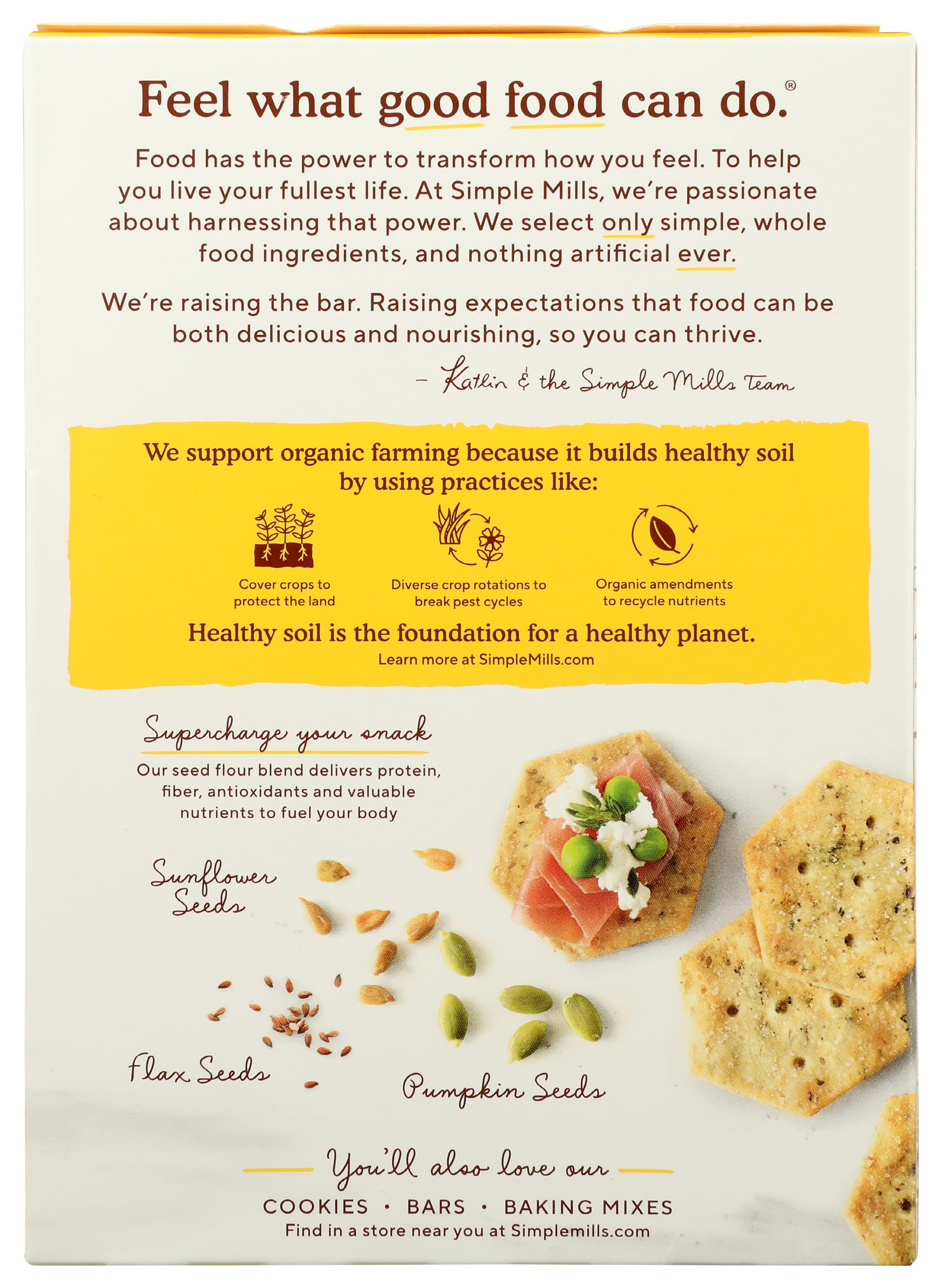 Simple Mills Cracker Seed Garlic Herb ingredients label, emphasizing clean, premium ingredients.