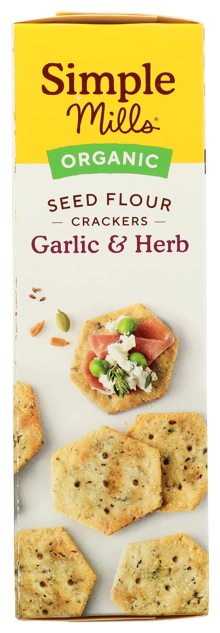 Open package of Simple Mills Cracker Seed Garlic Herb crackers, ready to dip.