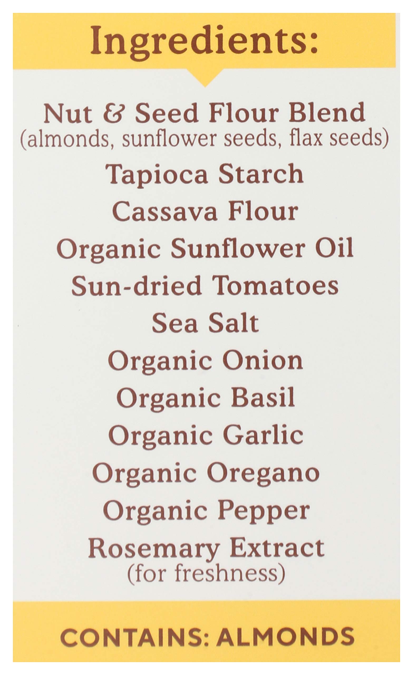 Simple Mills crackers ingredients list featuring almond flour and tomato basil.