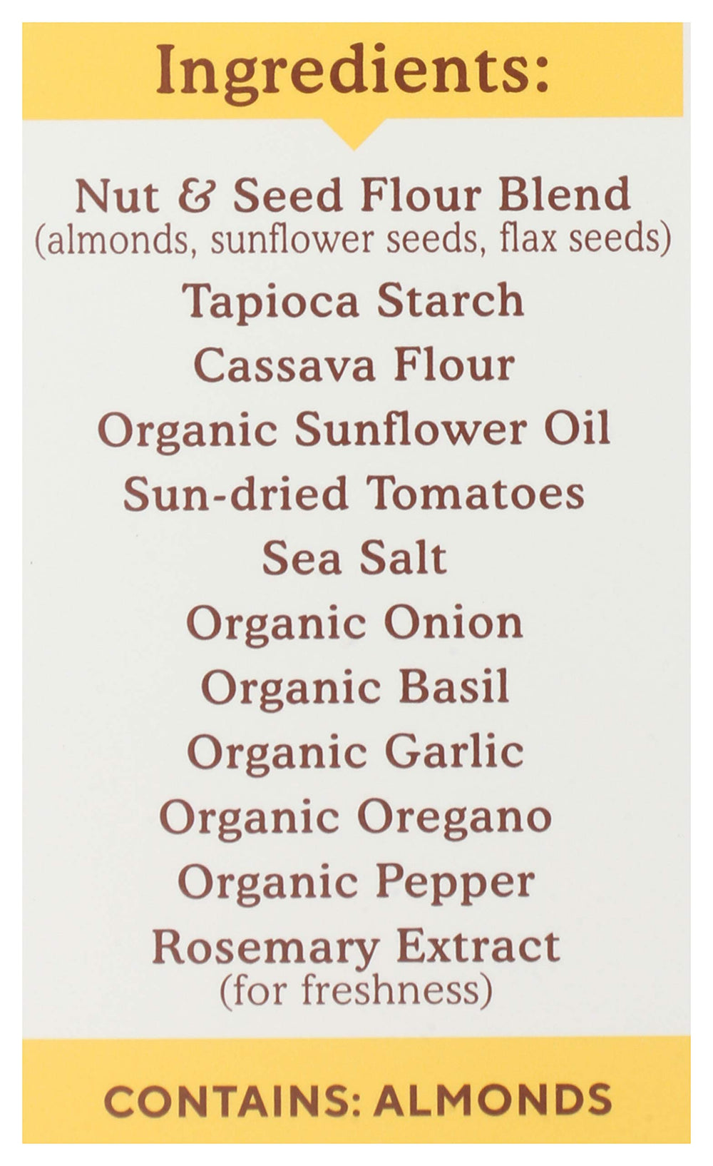 Simple Mills crackers ingredients list featuring almond flour and tomato basil.