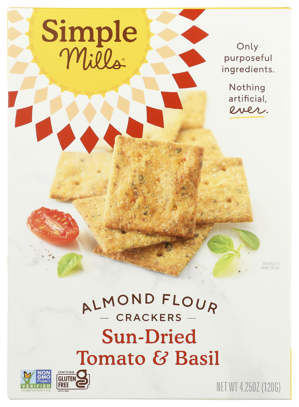 Packshot of Simple Mills crackers with almond flour and tomato basil.