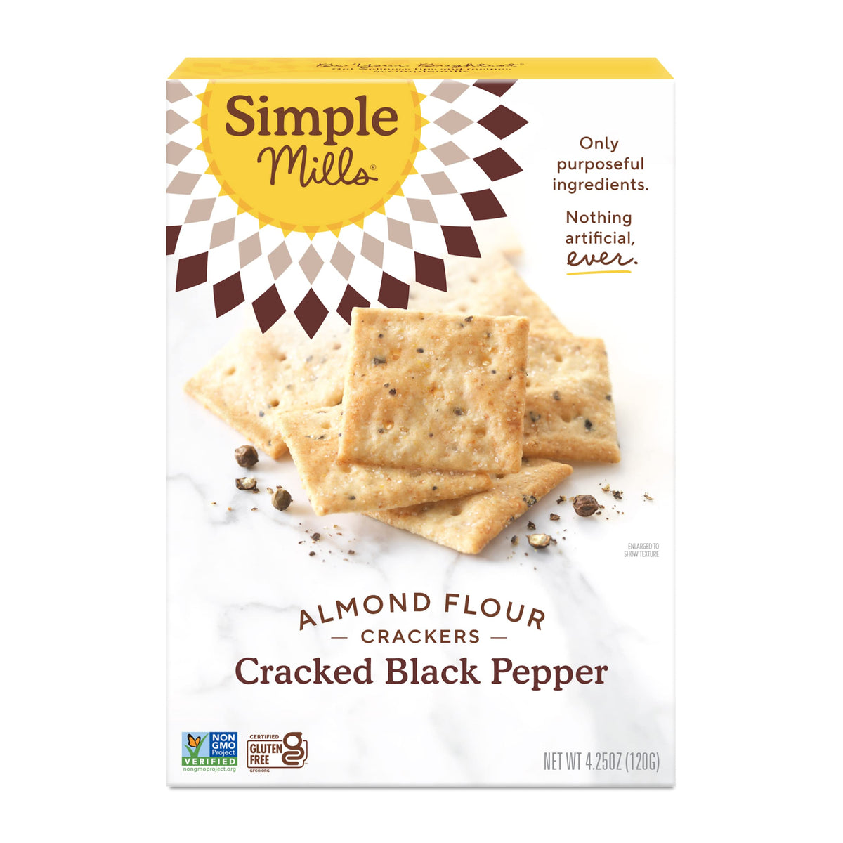 Simple Mills Crkrs Crkd Blk Ppr Alm Fl crackers in resealable package for snacking