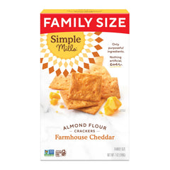 Simple Mills Farmhouse Cheddar Crackers family-size box on kitchen counter, gluten-free snack