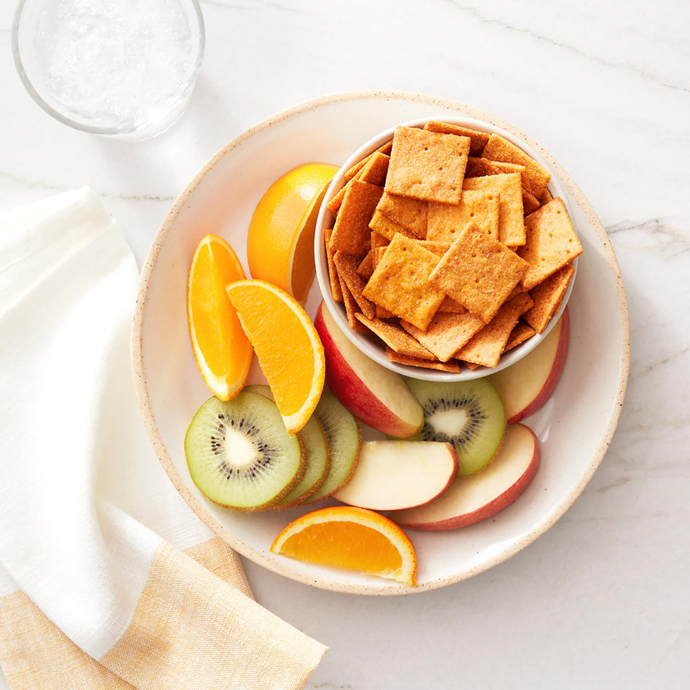Front packaging of Simple Mills Farmhouse Cheddar Crackers for pantry stocking