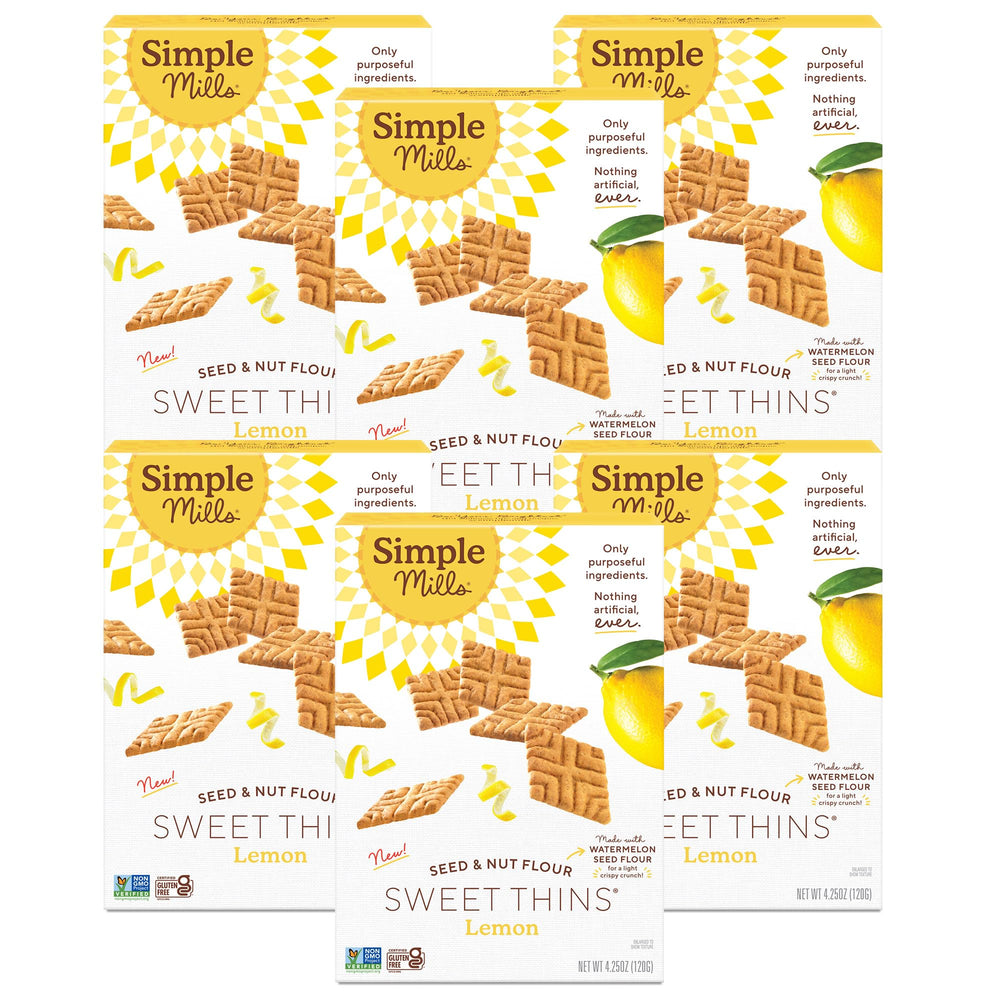 Simple Mills Lemon Seed & Nut Flour Sweet Thins front view, crisp lemon flavor for on‑the‑go snacking