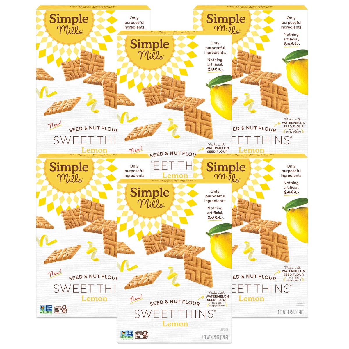 Simple Mills Lemon Seed & Nut Flour Sweet Thins front view, crisp lemon flavor for on‑the‑go snacking