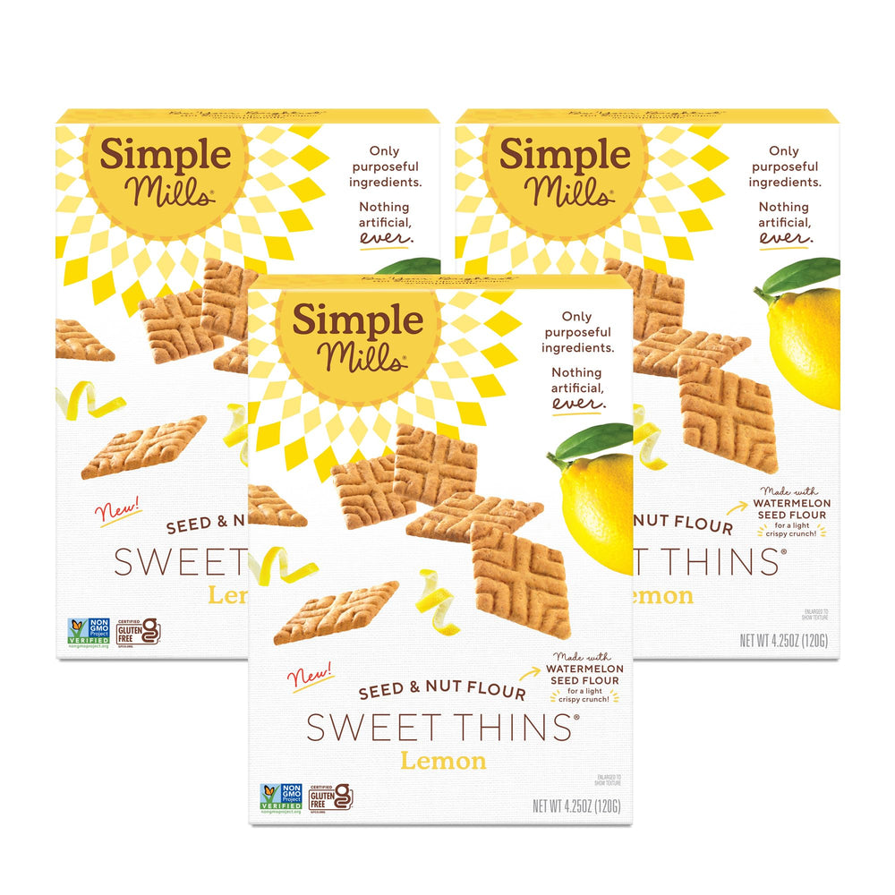 Simple Mills Lemon Sweet Thins packaging on shelf, a convenient paleo snack.