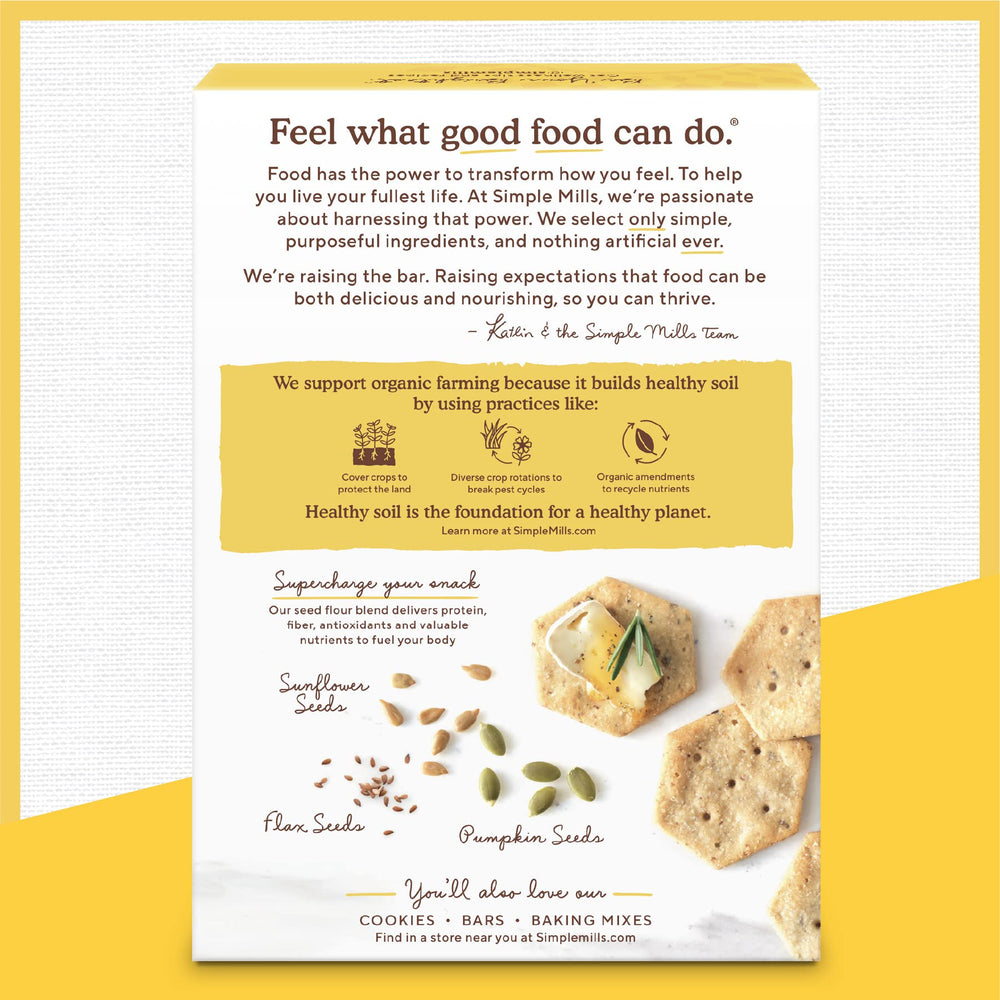 Simple Mills Organic Seed Crackers Original in a kitchen scene highlighting wholesome ingredients
