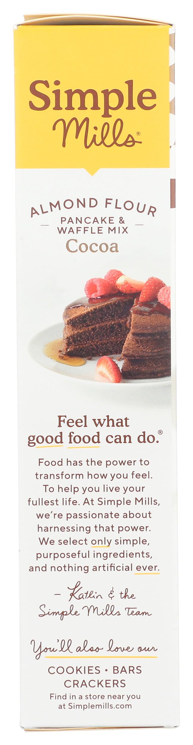 Close-up of Simple Mills Cocoa Pancake Waffle Mix ingredients highlights premium quality for rich flavor.