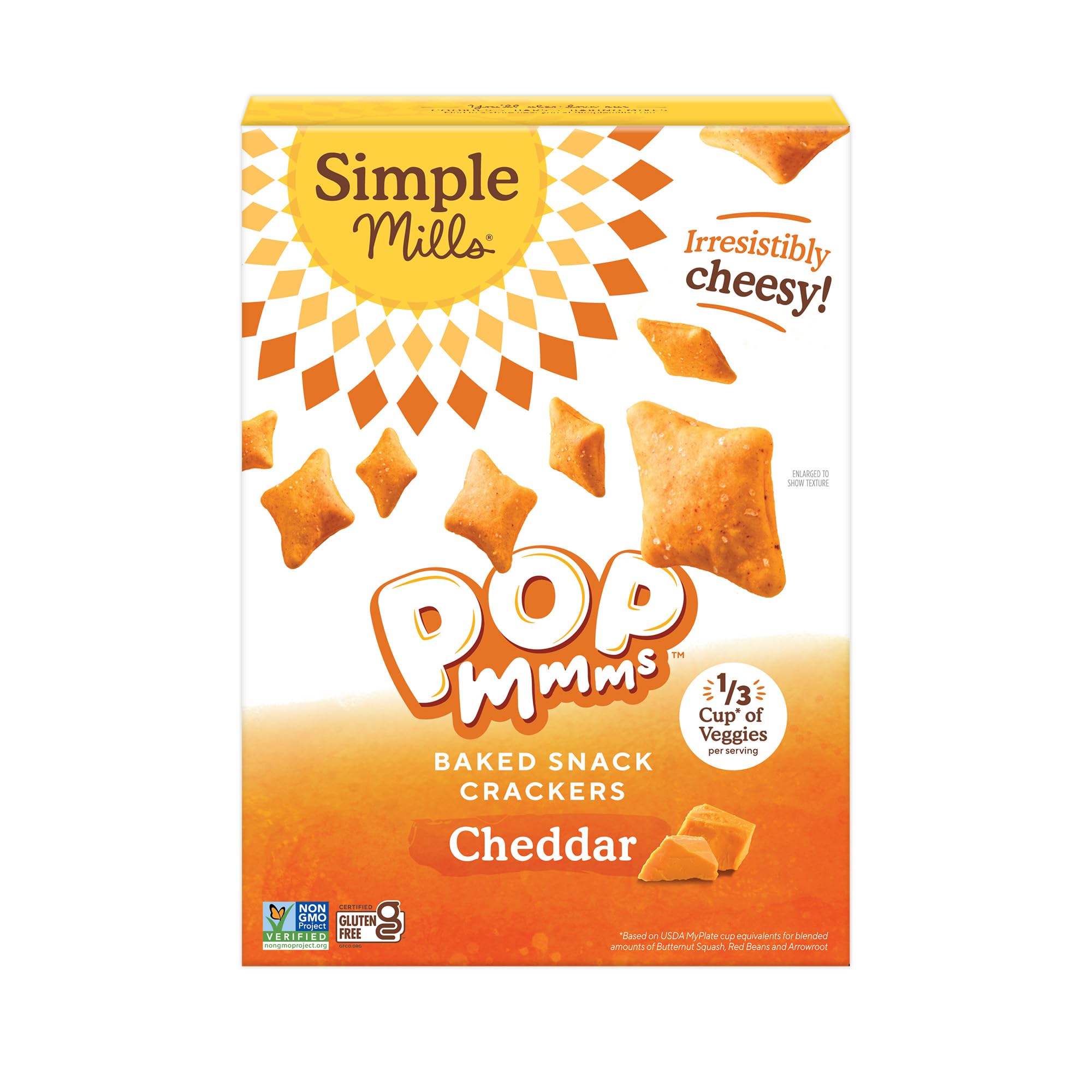 Simple Mills Pop Mmms Cheddar crackers pack, gluten-free and lunchbox friendly.