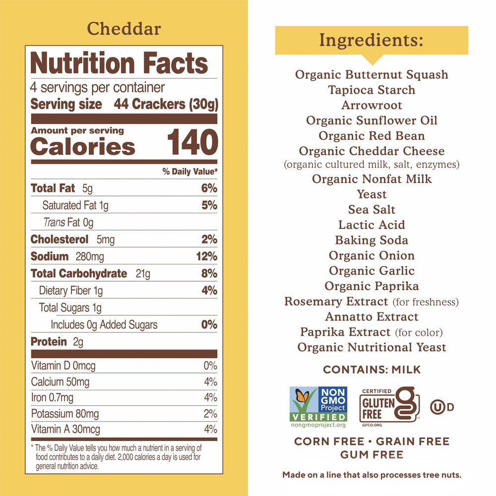 Simple Mills Pop Mmms cheddar crackers close-up highlights crispy texture and cheddar flavor.
