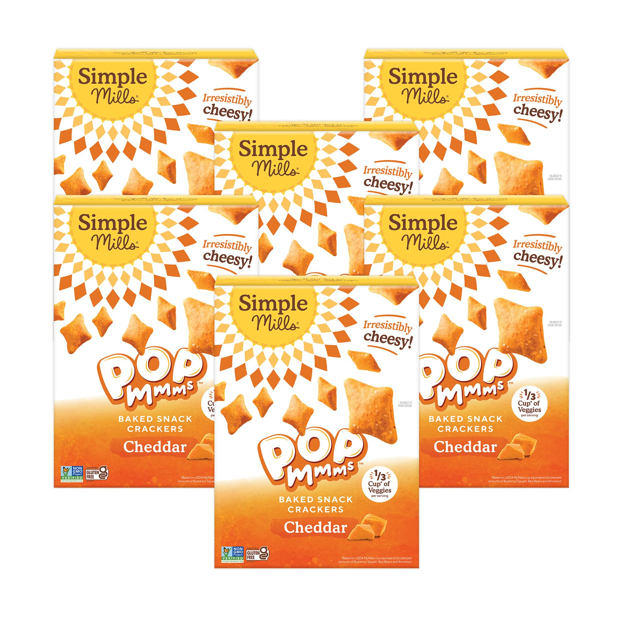 Simple Mills Pop Mmms Cheddar crackers pack ready for on-the-go snacking.