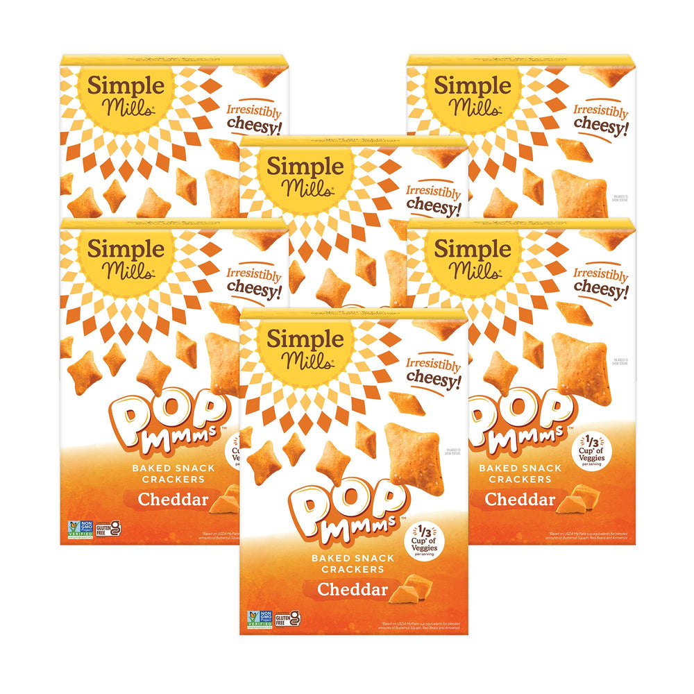 Simple Mills Pop Mmms Cheddar crackers pack ready for on-the-go snacking.