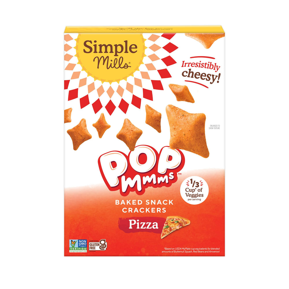 Simple Mills Pop Mmms Pizza box front showing gluten-free snack for busy days.
