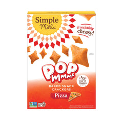 Simple Mills Pop Mmms Pizza box front showing gluten-free snack for busy days.