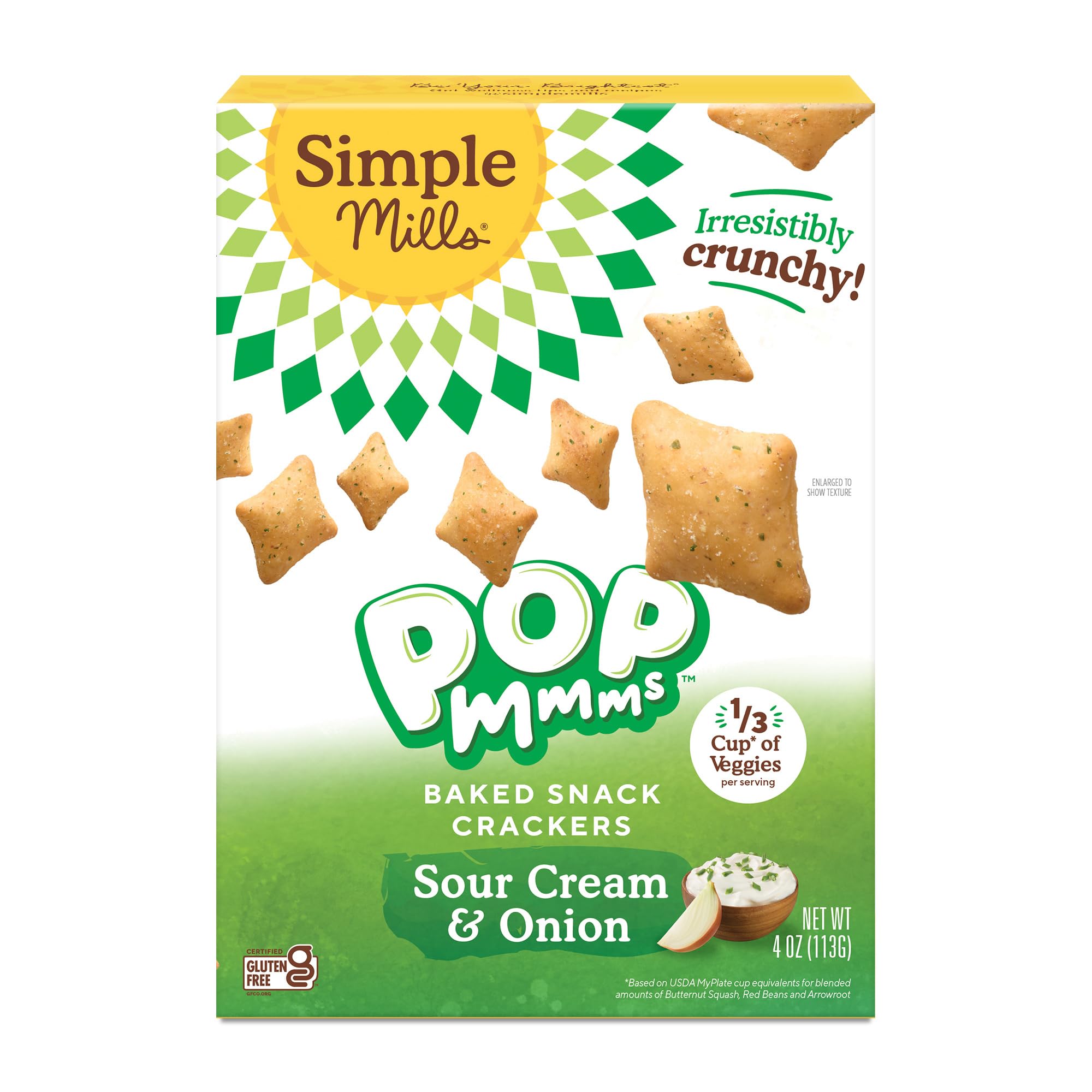 Simple Mills Pop Mmms Sour Cream & Onion crackers in pack provide gluten-free crunch for lunchboxes.