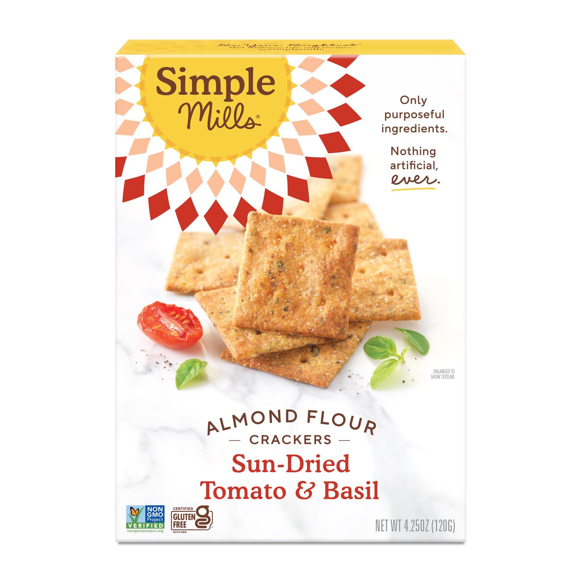 Simple Mills Sundried Tomato and Basil crackers in a box offer gluten free on the go energy.