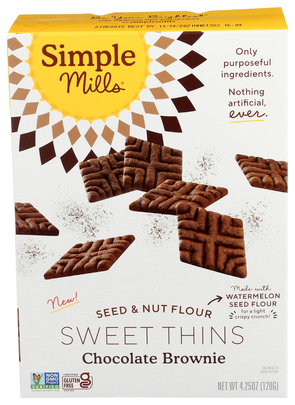 Simple Mills Sweet Thins Choco Brownie packshot shows a crisp, on-the-go snack option.
