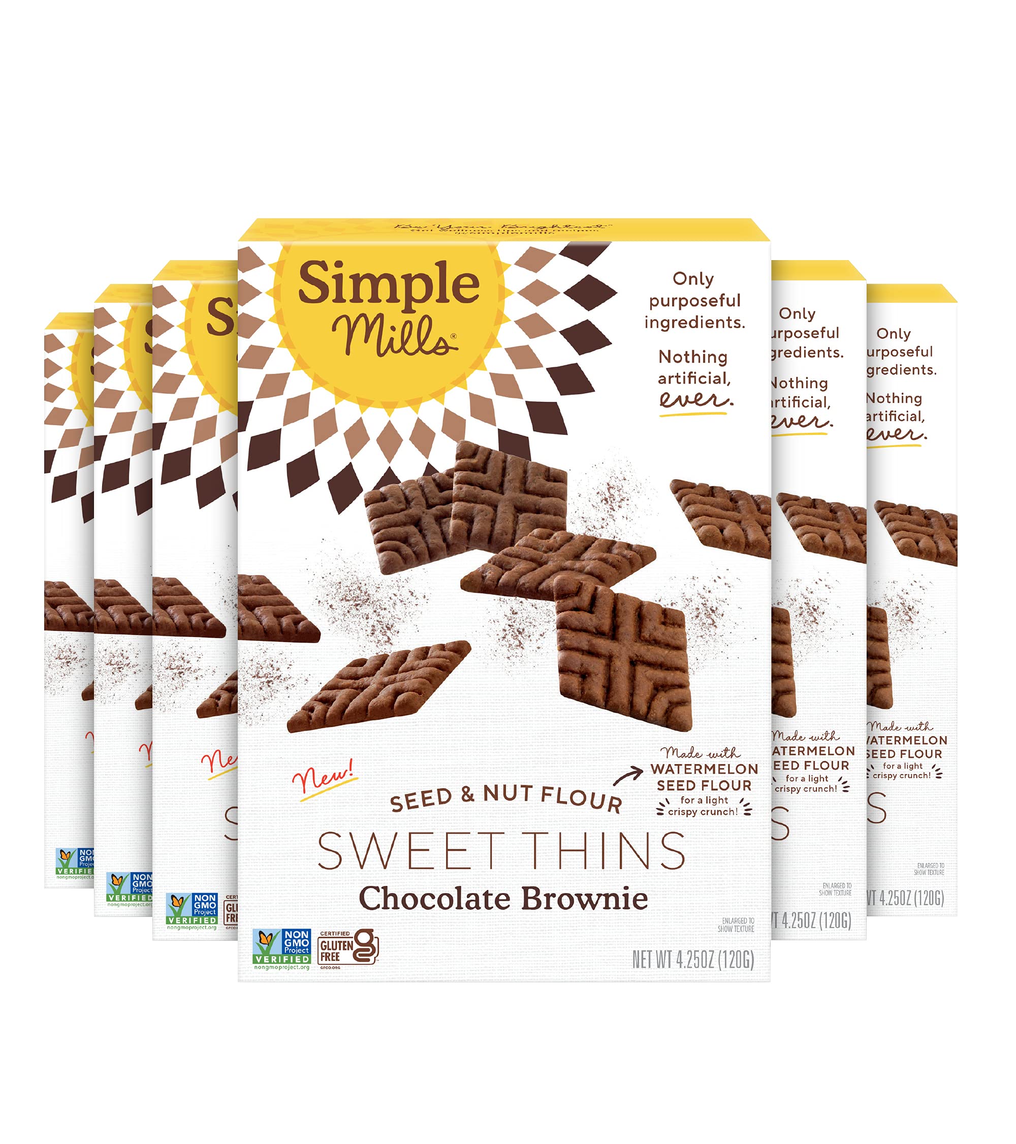 Simple Mills Sweet Thins Chocolate Brownie pack showing gluten-free snack ready to enjoy