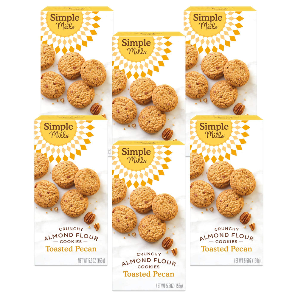 Simple Mills Toasted Pecan cookies box front, gluten-free and vegan.