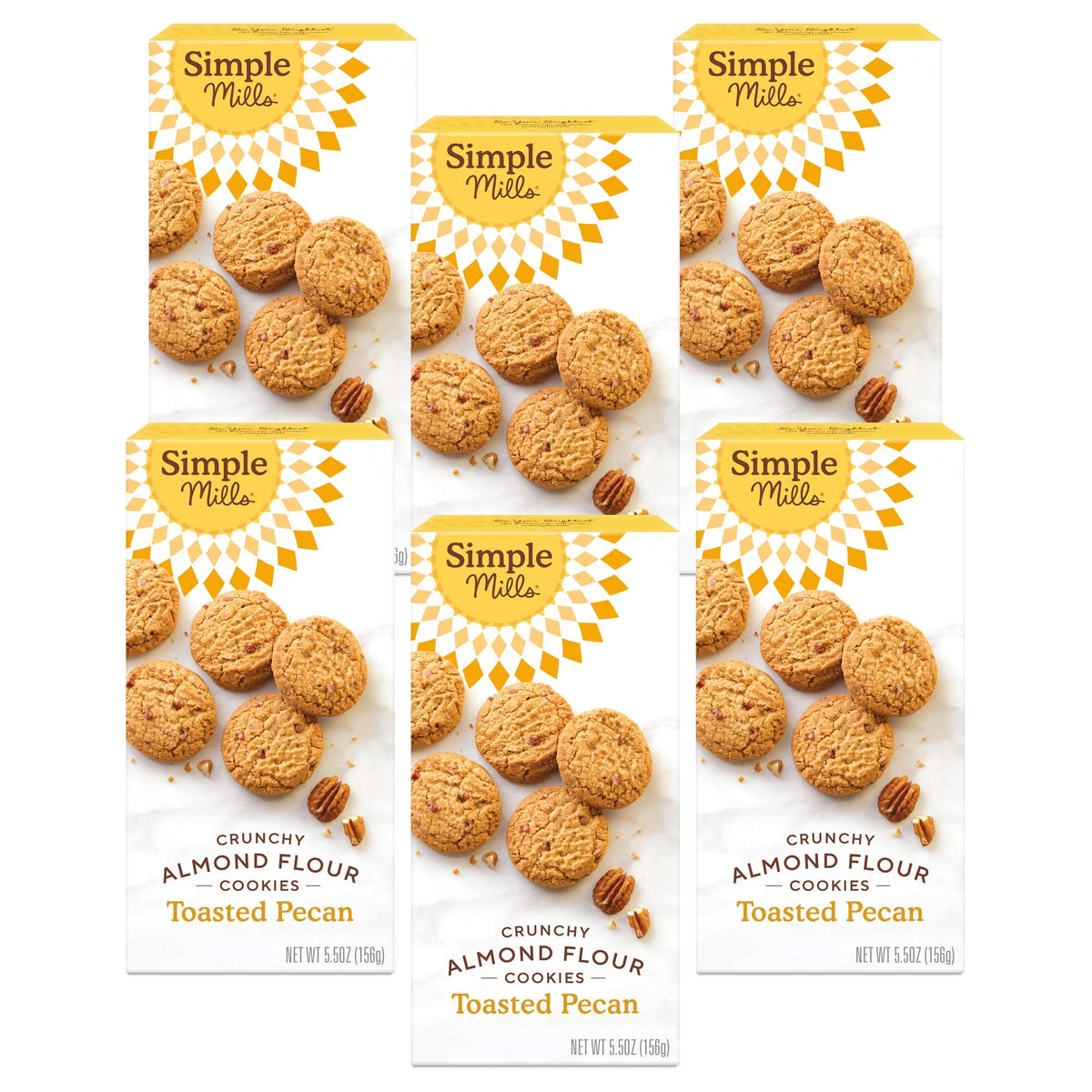 Simple Mills Toasted Pecan cookies box front, gluten-free and vegan.