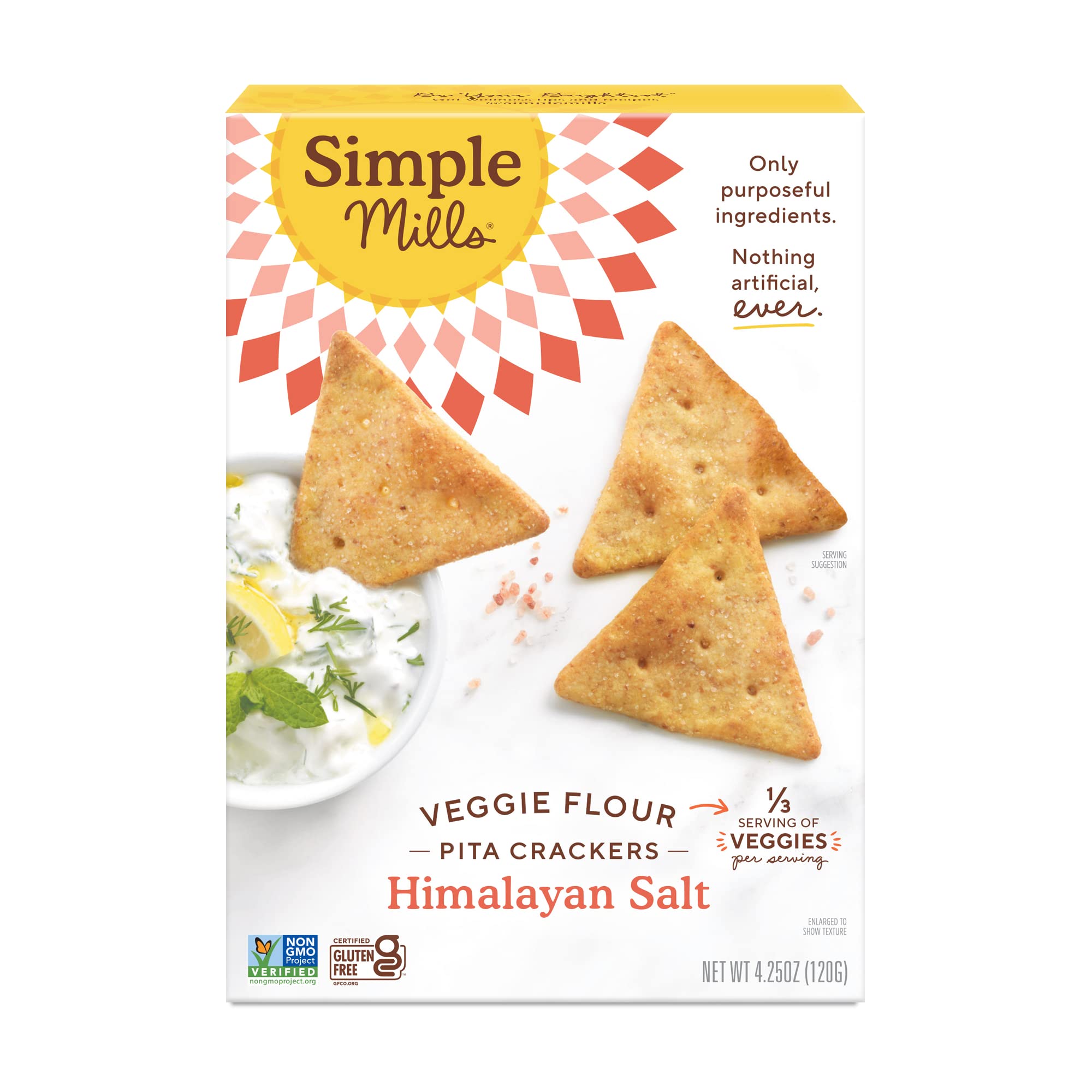 Simple Mills Veggie Pita Crackers Himalayan Salt packaging on white surface