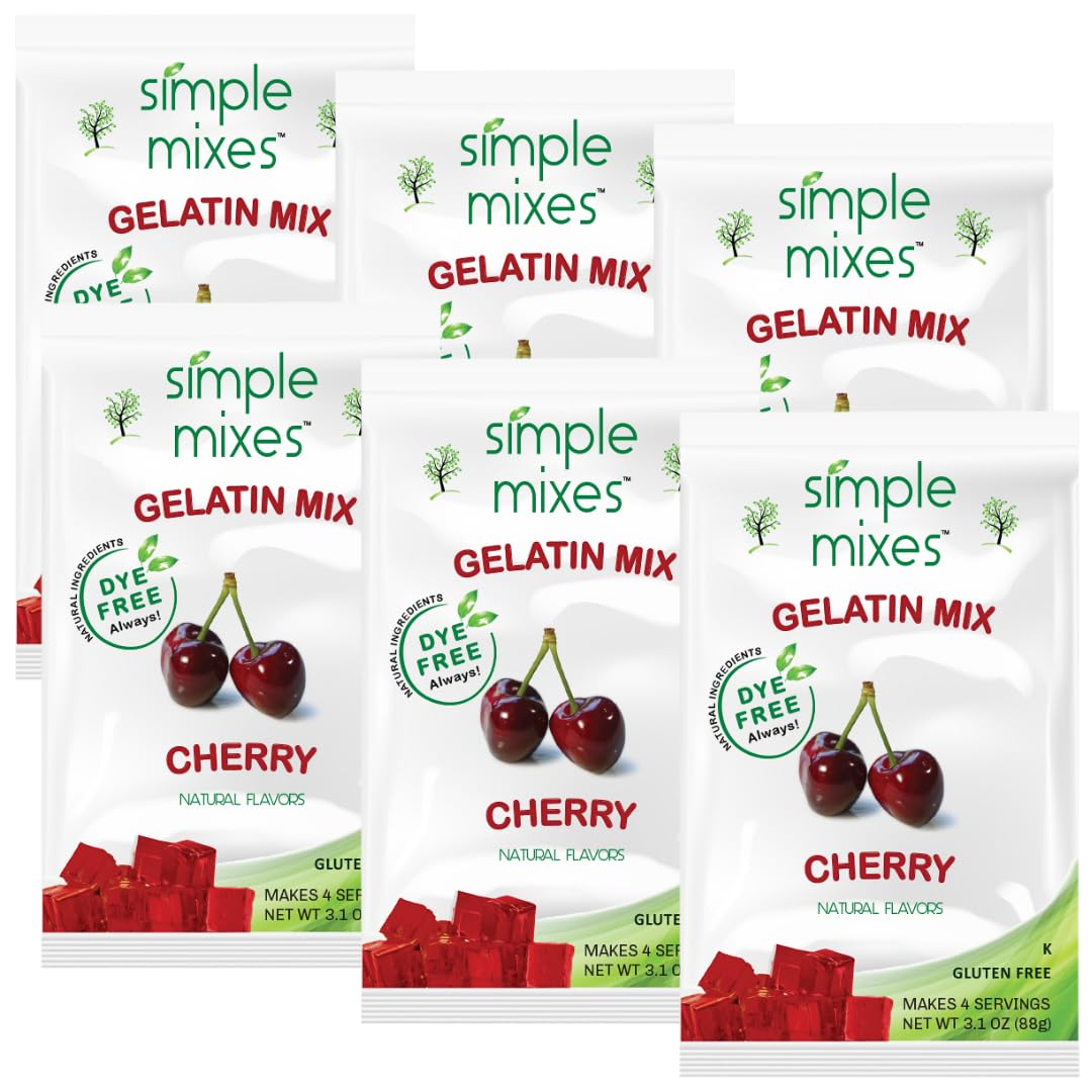 Simple Mixes Cherry Gelatin Dessert packaging shows dye-free, kosher formulation
