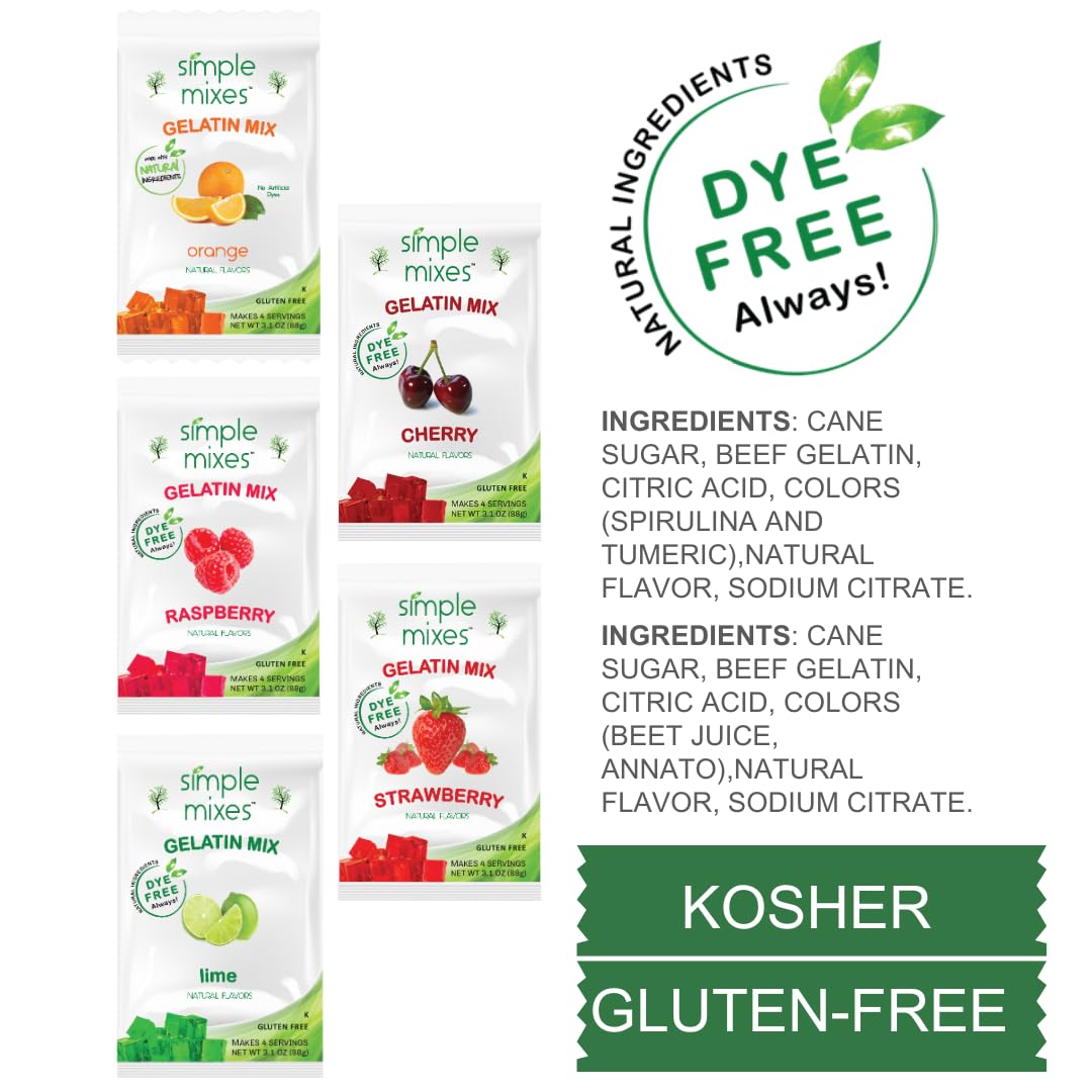 Simple Mixes lime gelatin dessert, refreshing flavor, dye-free formula for clean snacking.