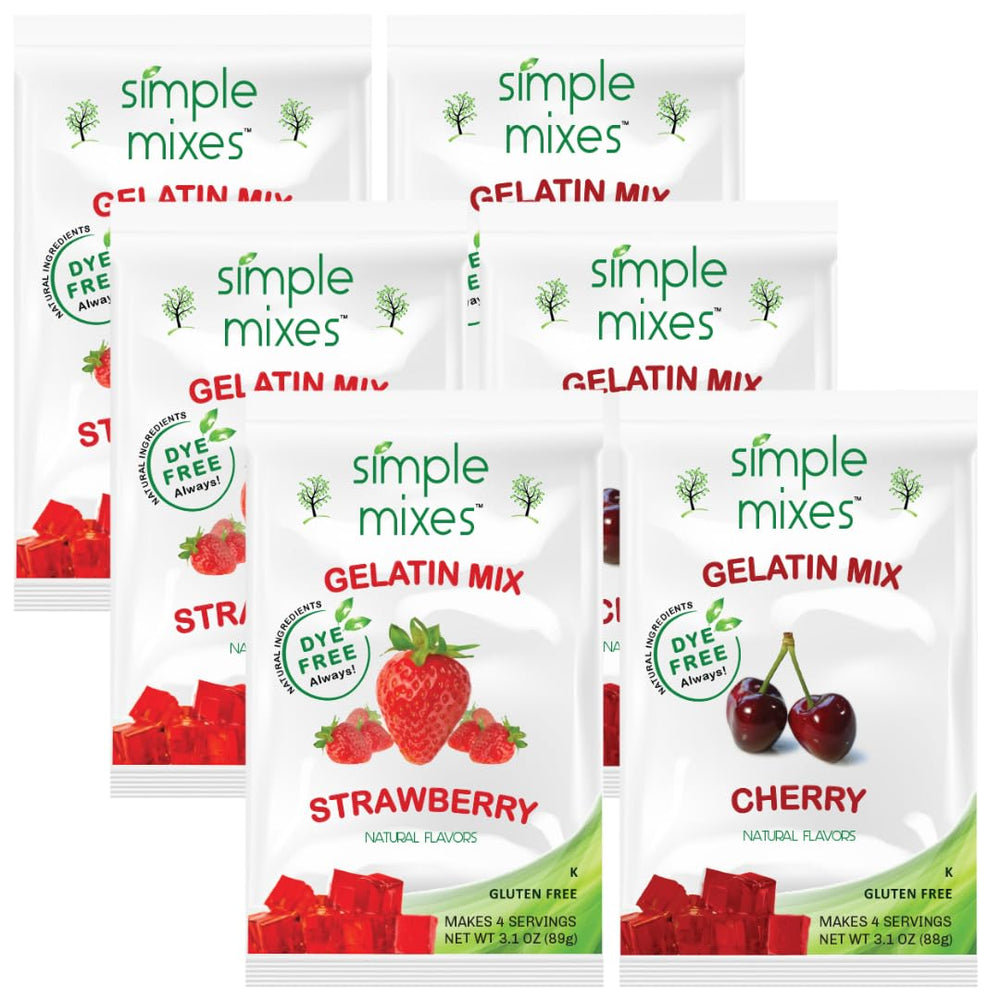 Simple Mixes natural gelatin variety pack with strawberry and cherry flavors for a quick snack.