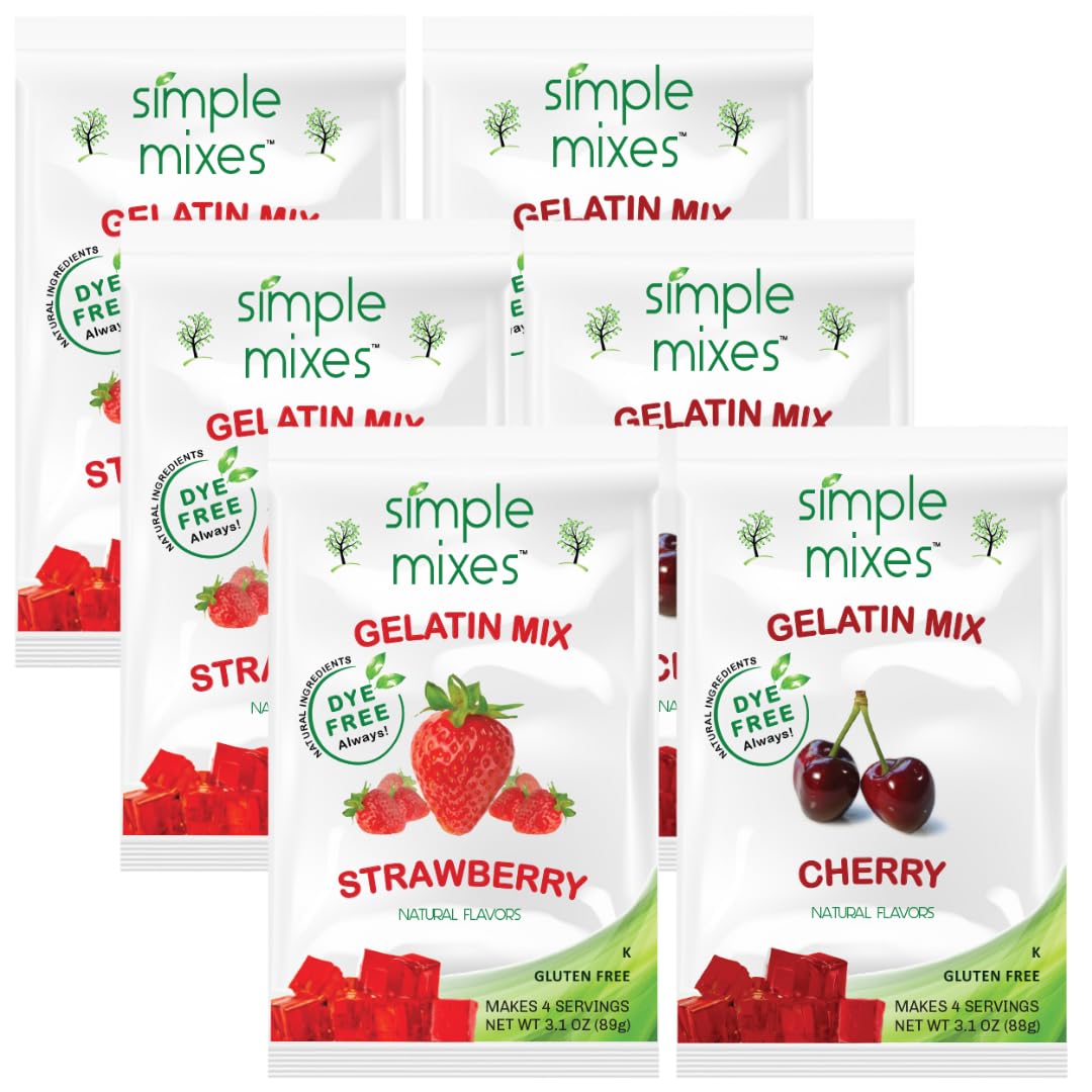 Simple Mixes natural gelatin variety pack with strawberry and cherry flavors for a quick snack.