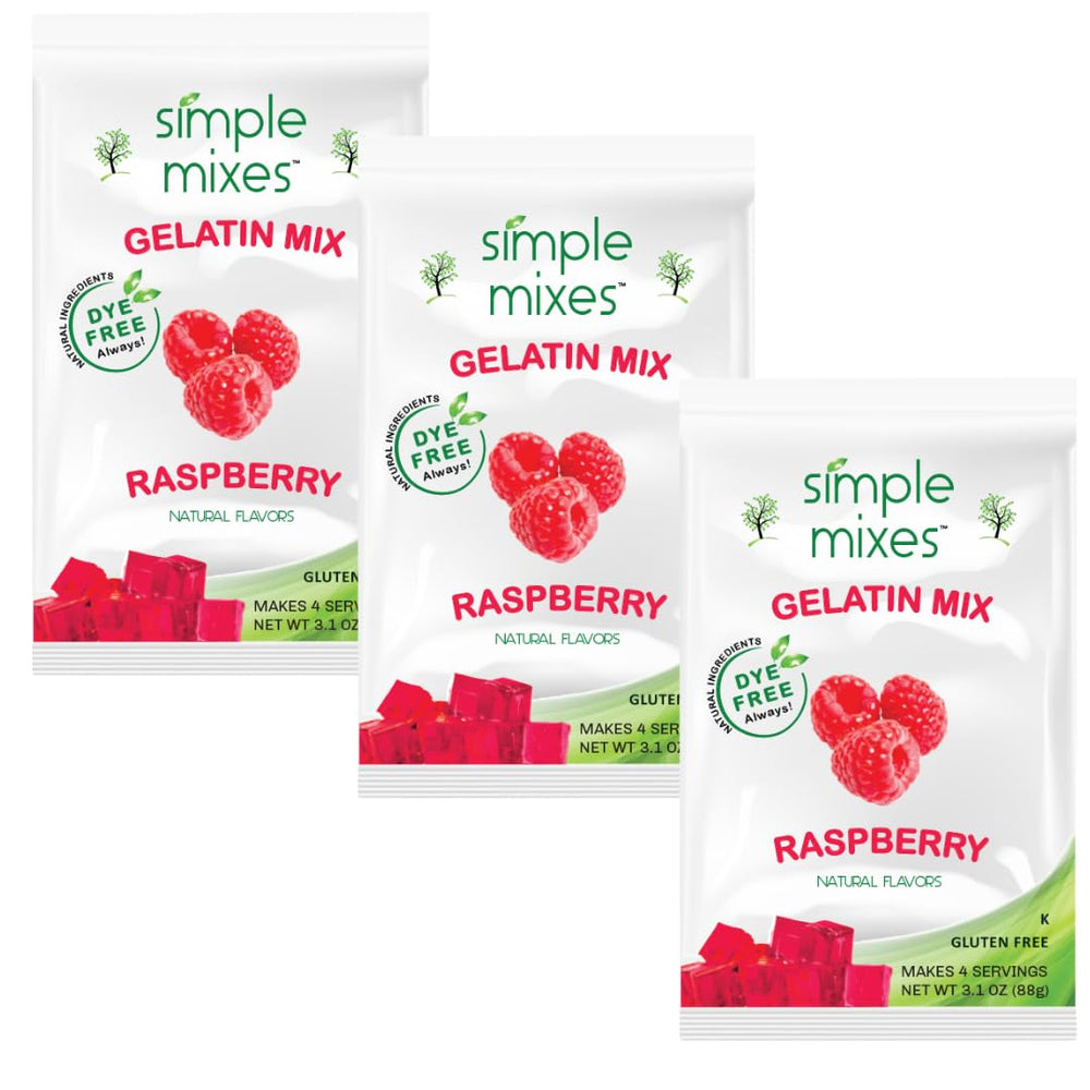 Simple Mixes Raspberry Gelatin Dessert 3-Pack offers four easy servings for quick snacks.