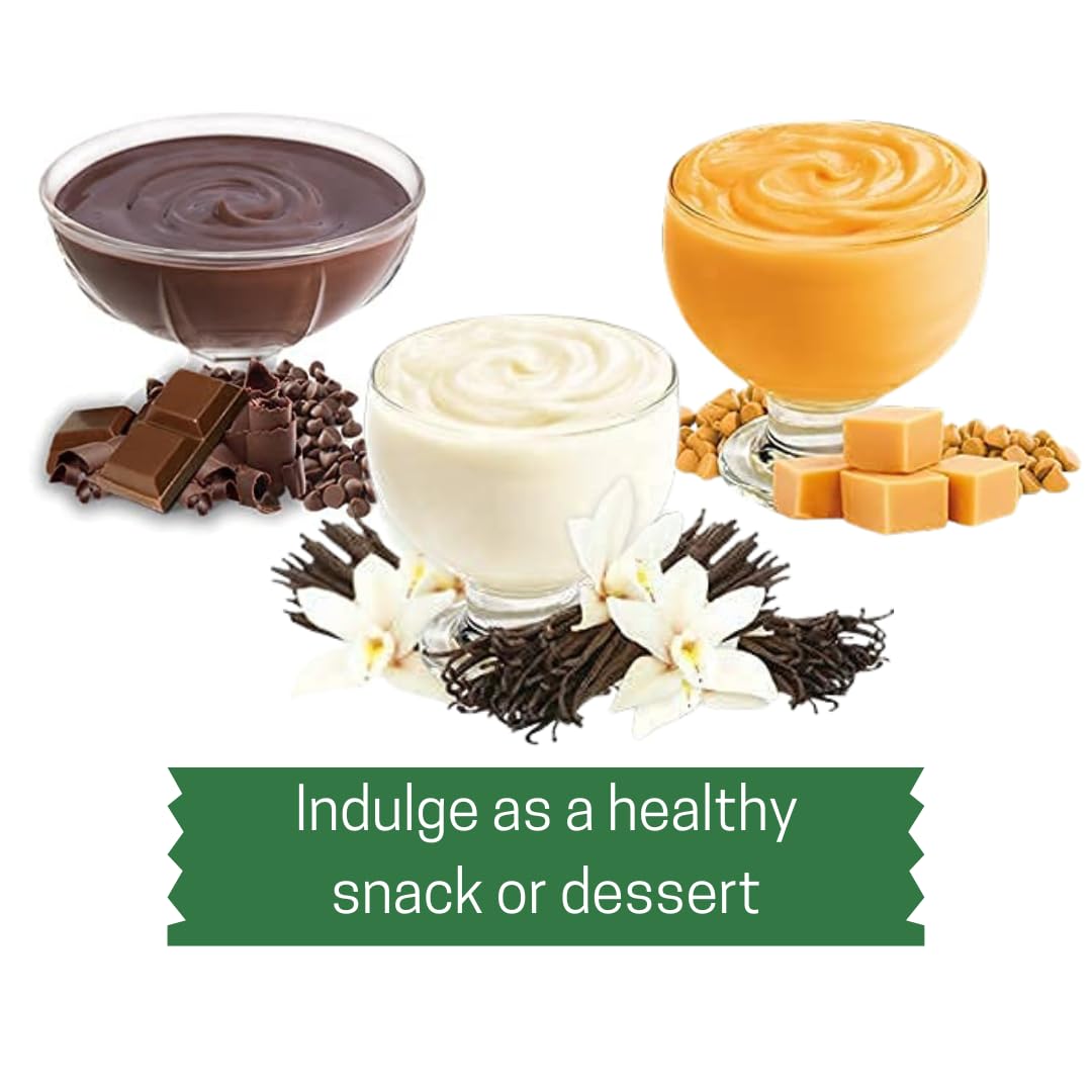 Simple Mixes salted caramel pudding served in cup with toppings.