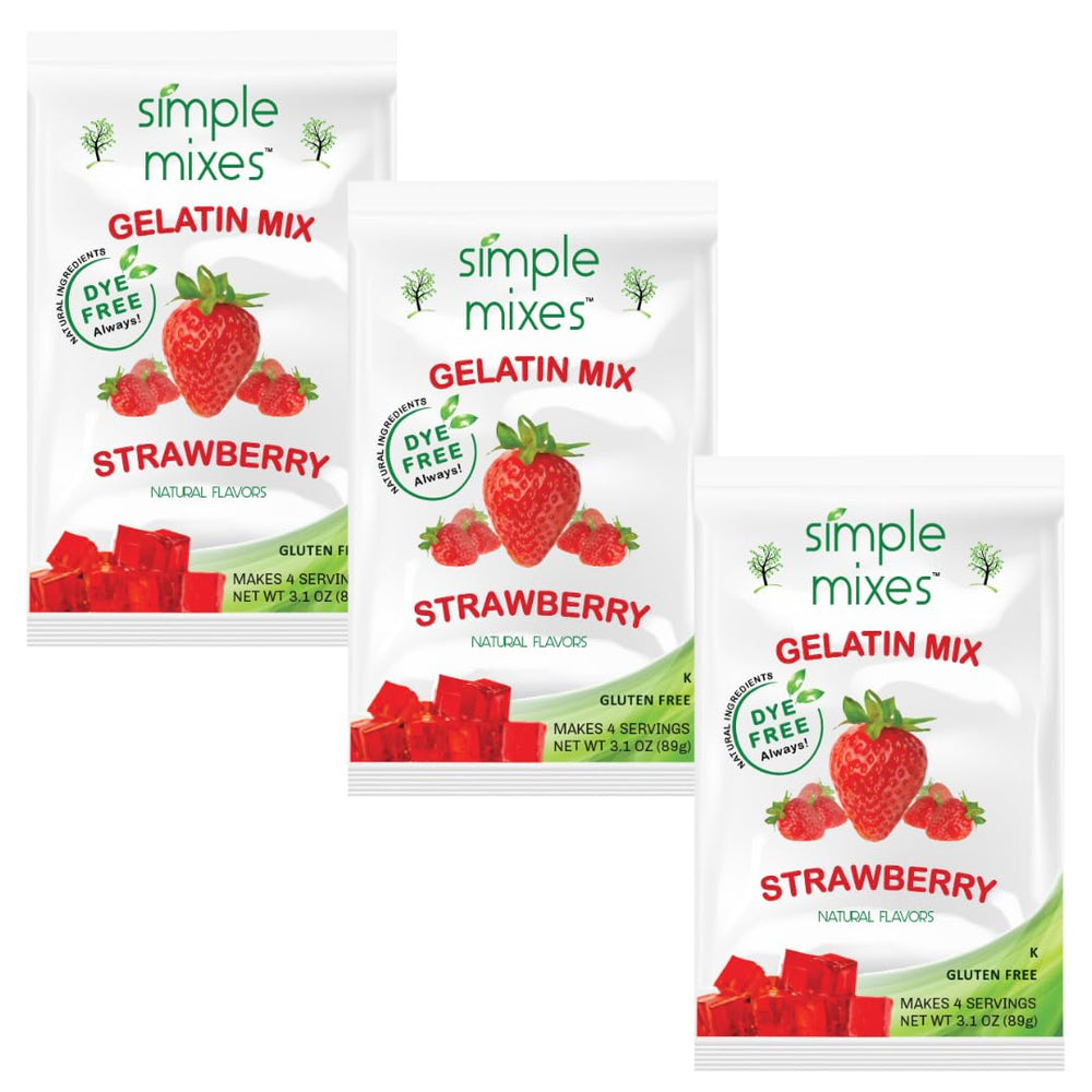 Simple Mixes Strawberry Gelatin Dessert 3-pack pack shot highlights convenient, ready-to-serve snacks.