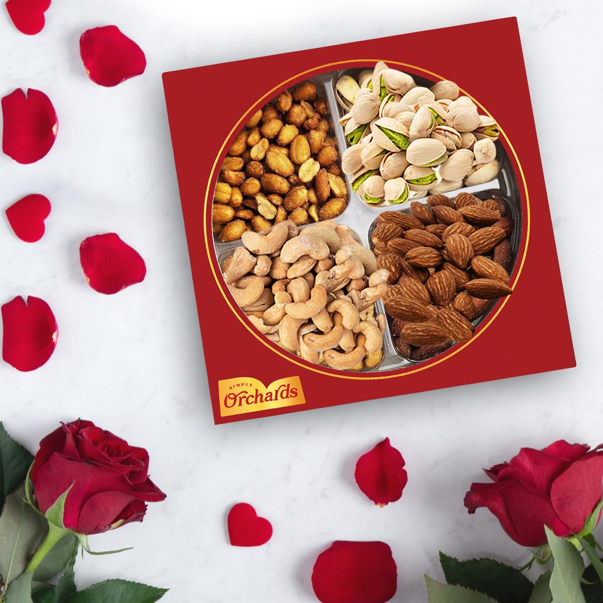 Simple Orchards Easter Nuts gift basket with four sections, showcased for display.