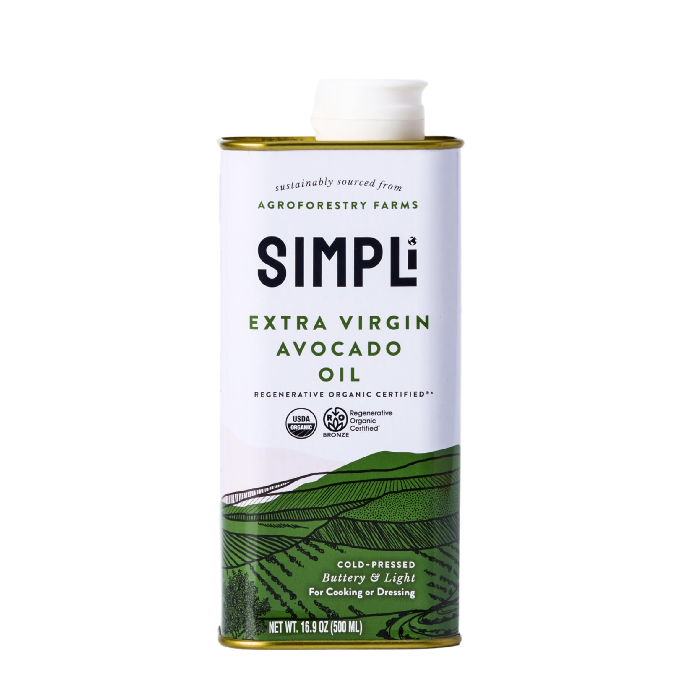 SIMPLi Avocado Oil bottle highlighting regenerative sourcing for high-heat cooking.