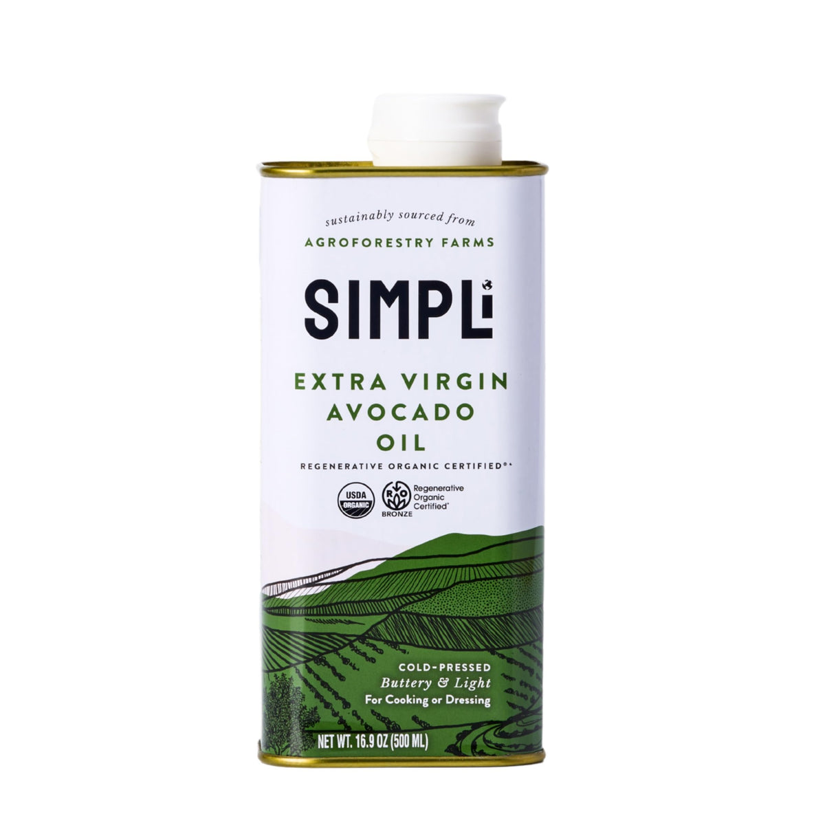 SIMPLi Avocado Oil bottle highlighting regenerative sourcing for high-heat cooking.