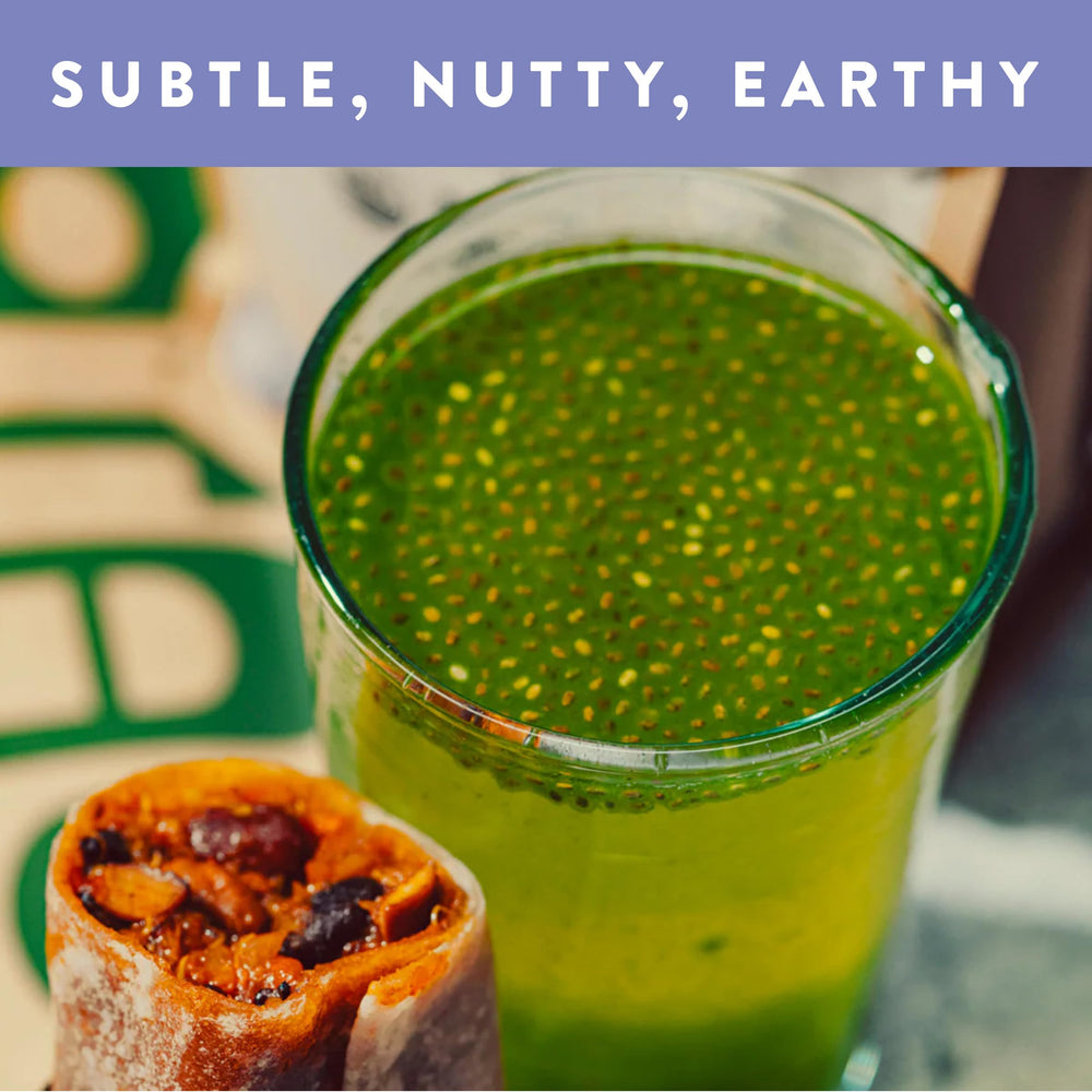 SIMPLi chia seeds pour into smoothie, convenient plant-based protein source.