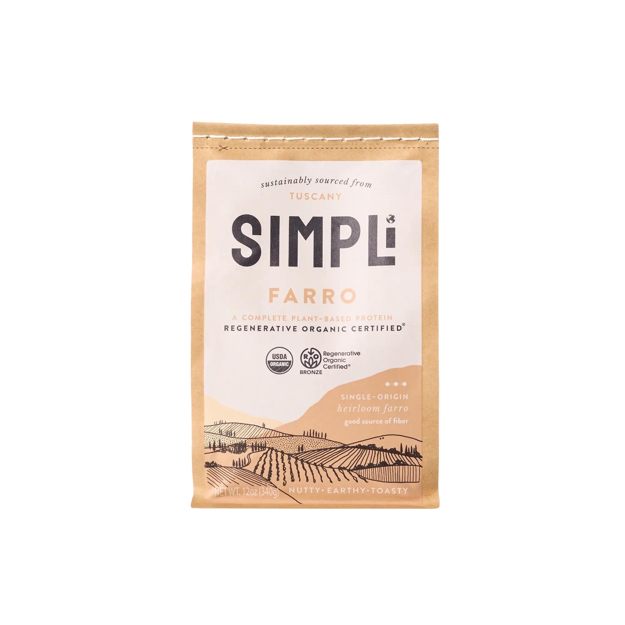 SIMPLi Organic Farro in a Tuscany field, ideal for hearty soups and grain bowls.