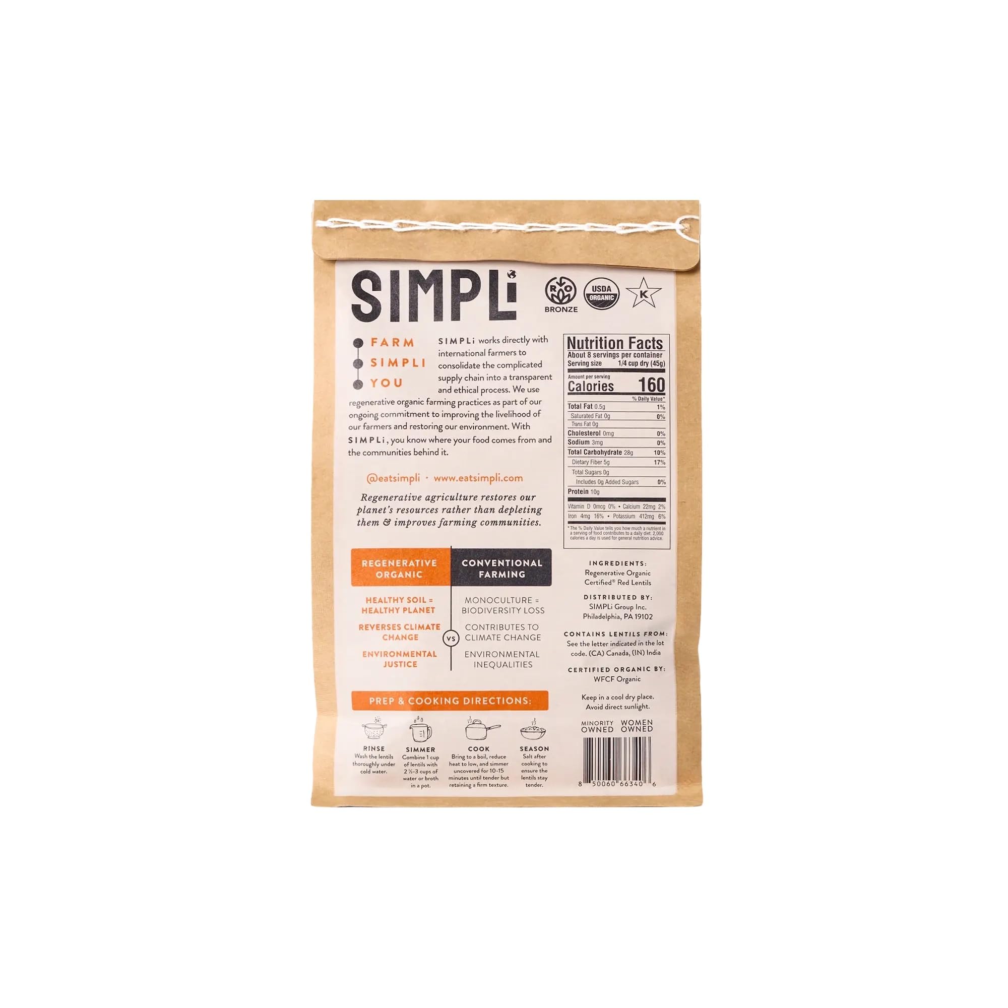 SIMPLI Organic Red Lentils in a bowl, quick-cooking plant protein for meals.