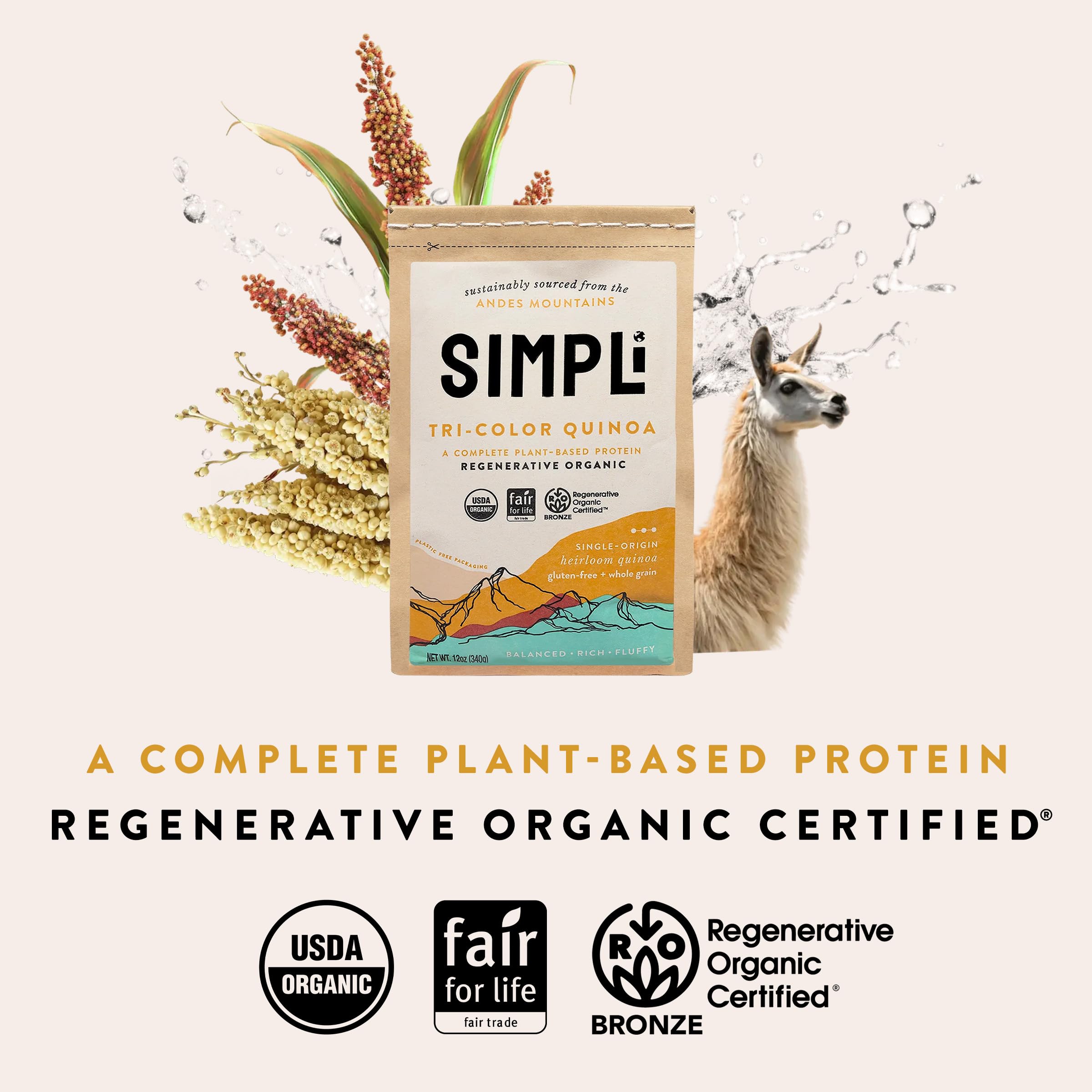 Certification label on SIMPLi quinoa highlighting regenerative organic and organic status.