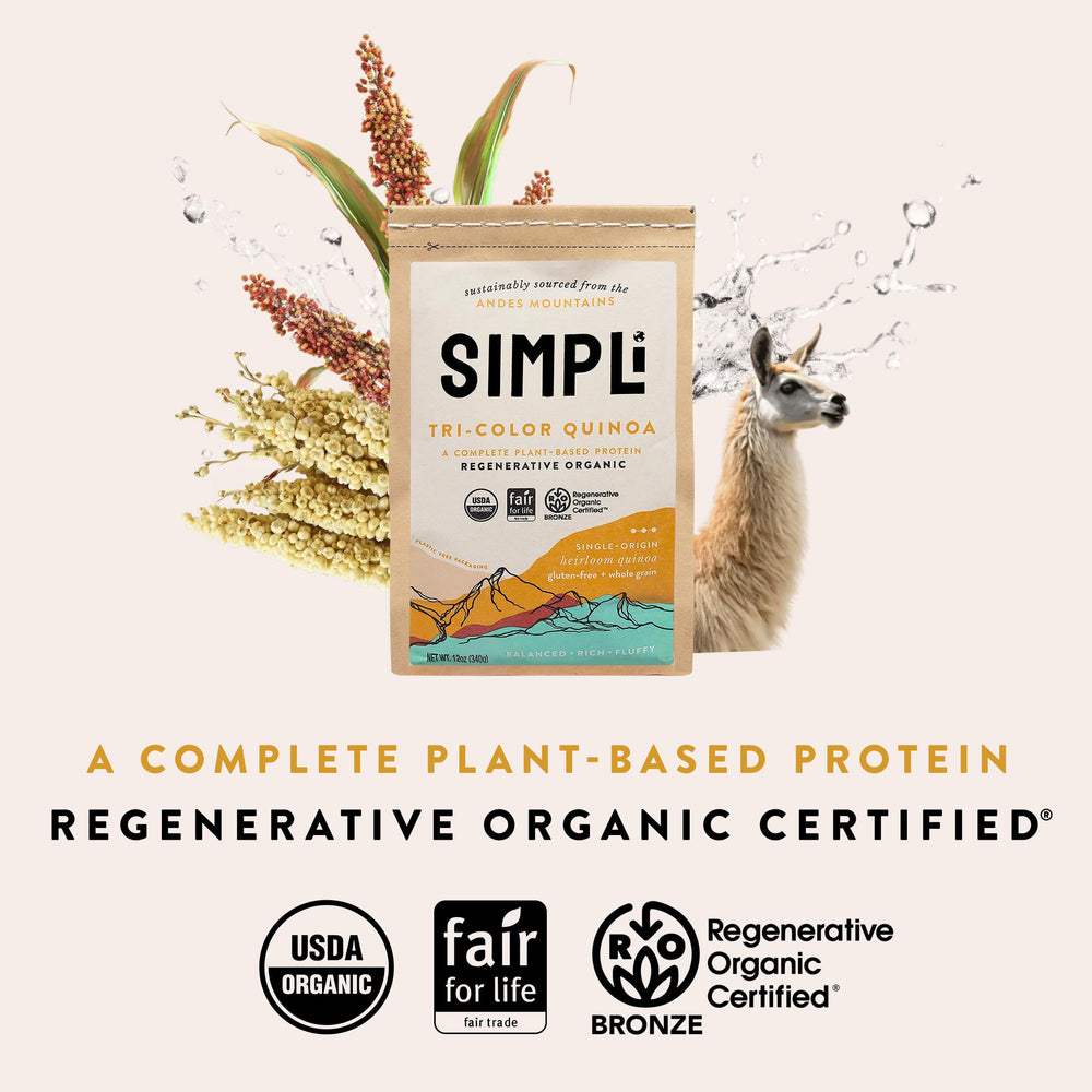 Certification label on SIMPLi quinoa highlighting regenerative organic and organic status.