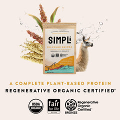 Certification label on SIMPLi quinoa highlighting regenerative organic and organic status.