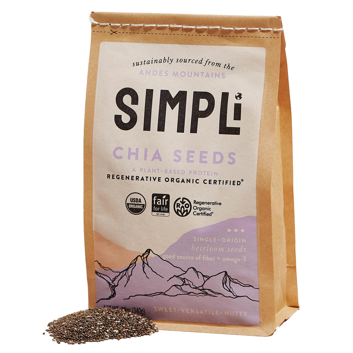 SIMPLi Regenerative Organic Chia Seeds pack closeup highlighting protein and fiber boost for smoothies.