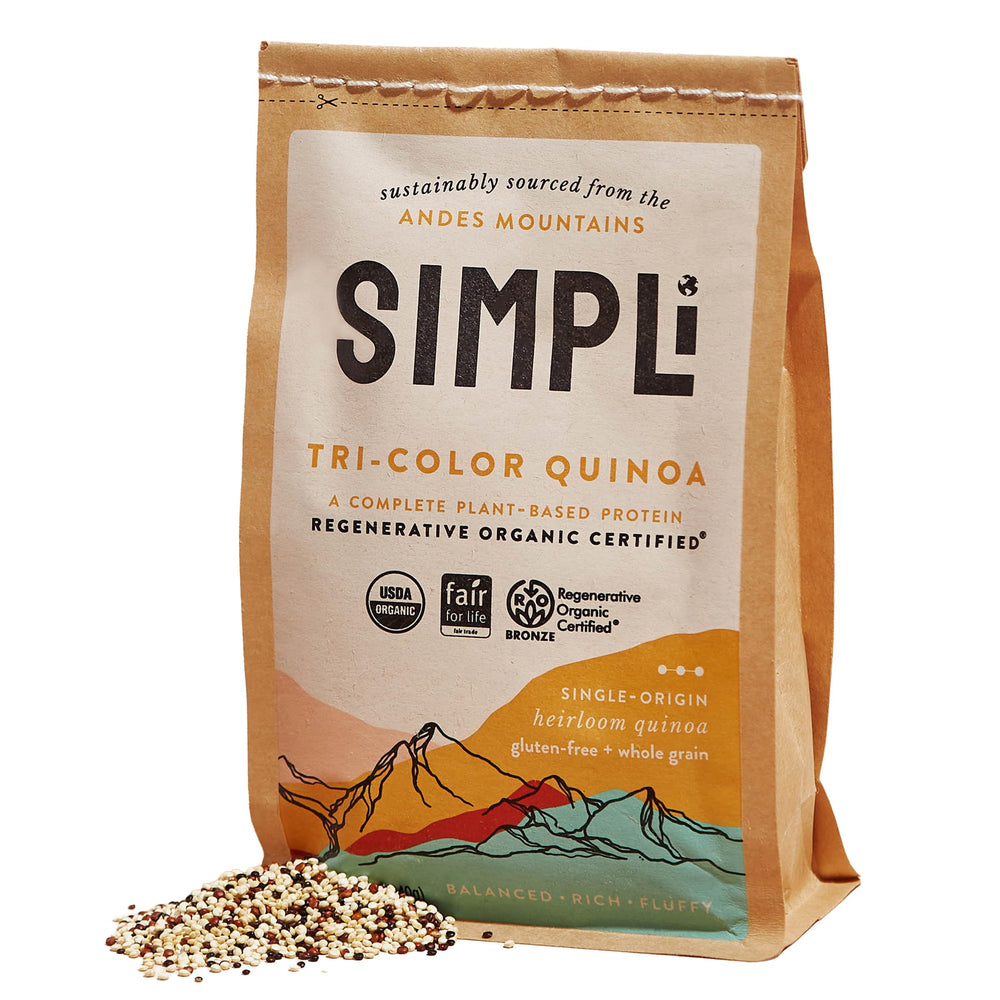 SIMPLi regenerative organic tri-color quinoa pack ready to cook for meals.