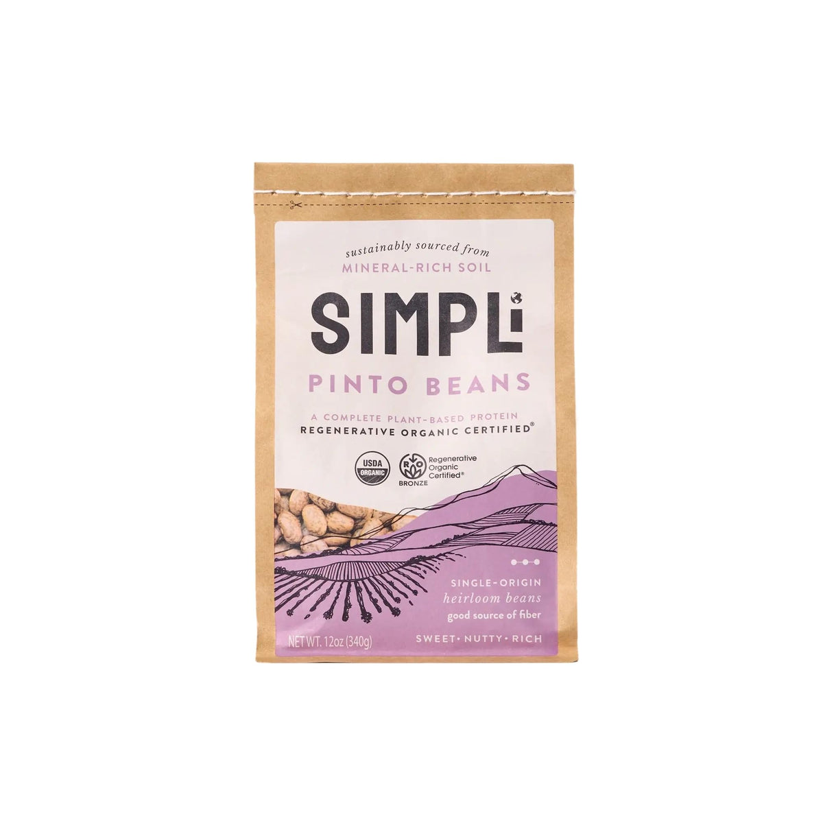 SIMPLI Organic Pinto Beans 12oz dry beans ready for stews and tacos.