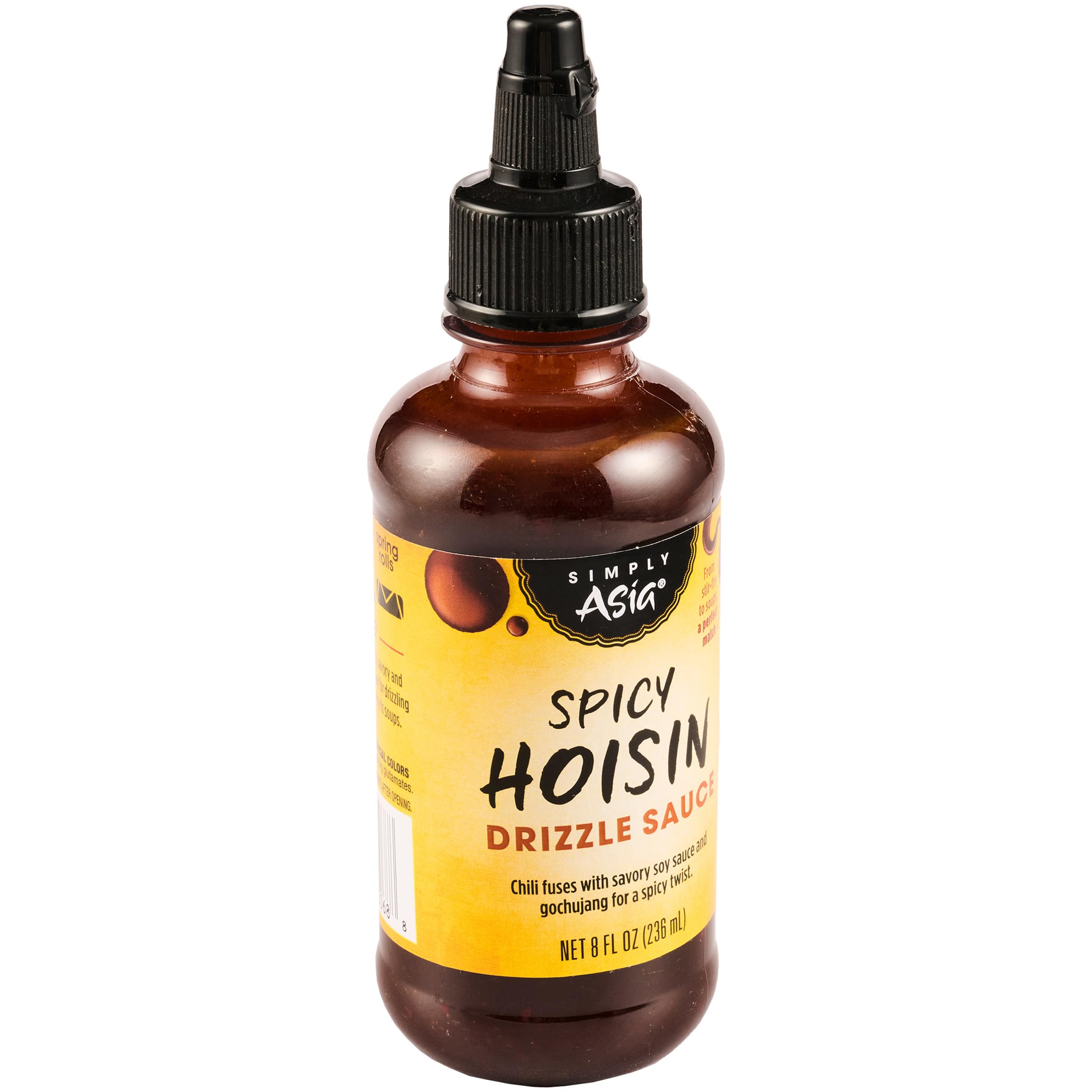 Simply Asia Spicy Hoisin Drizzle bottle pouring over noodles for quick flavor boost