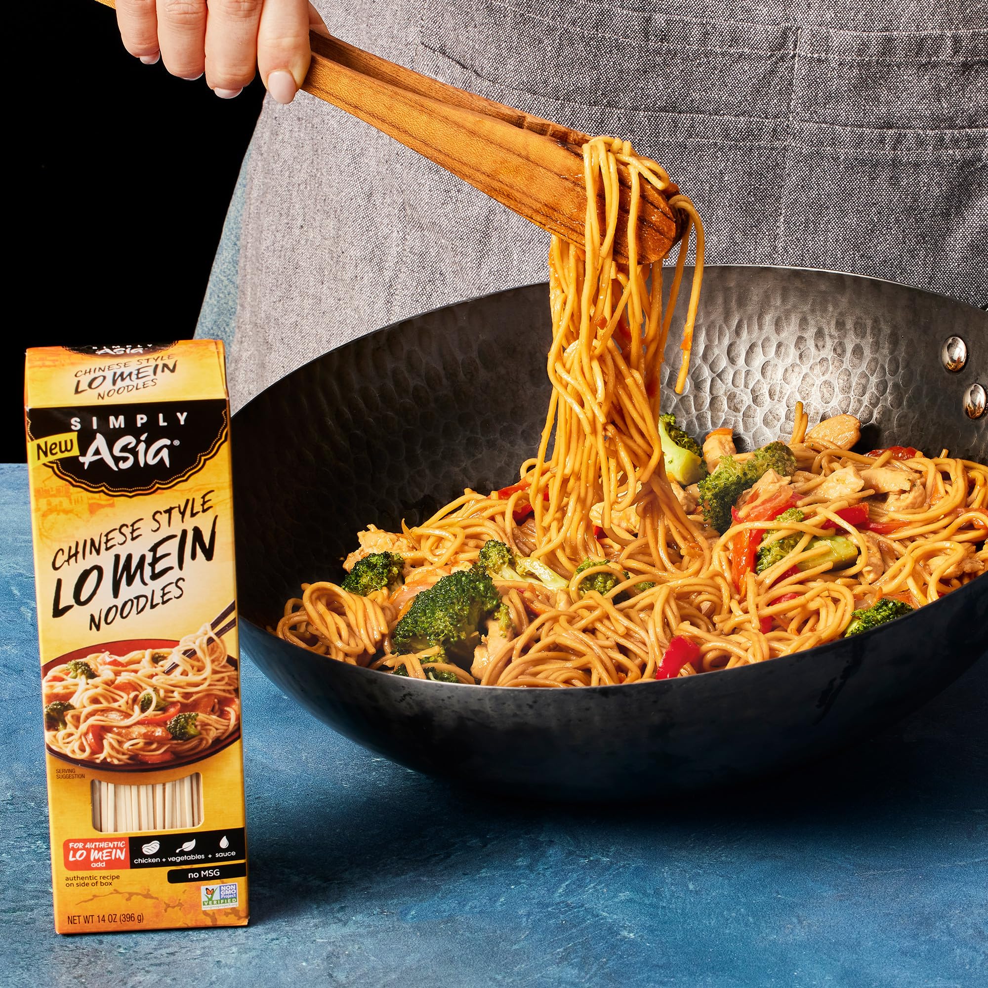 Noodles in broth with Simply Asia Lo Mein, ready for soup bowls