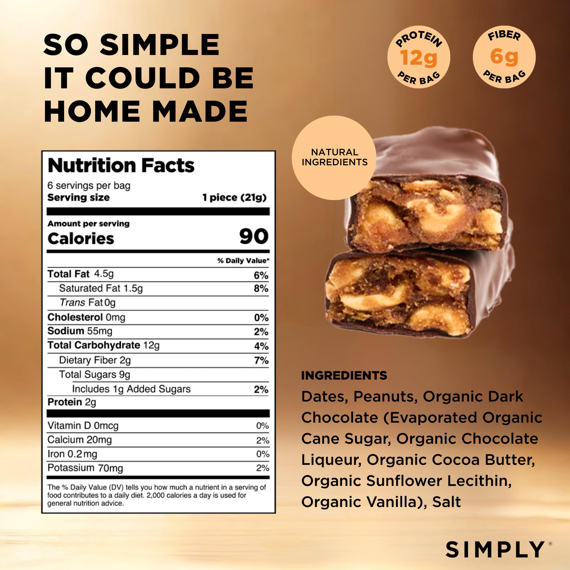 Simply Candy Bars close-up reveals peanuts and dark chocolate texture.
